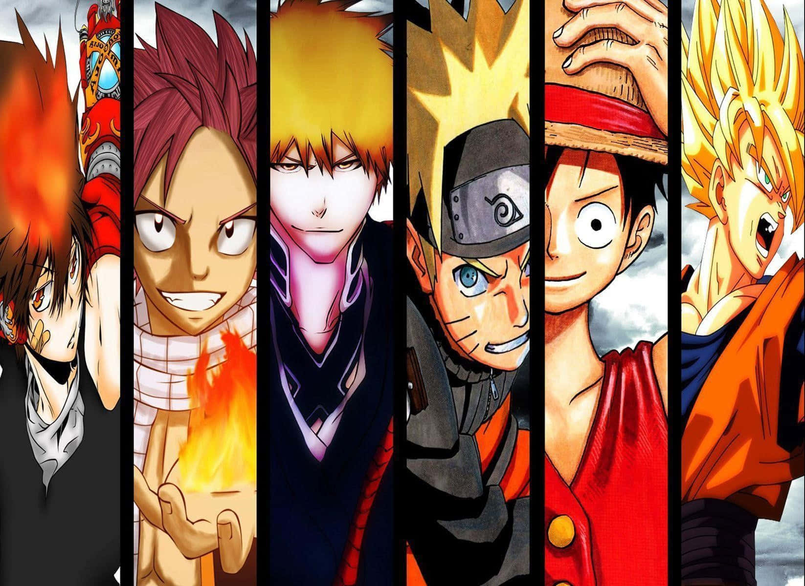 Anime Character 桌布 壁紙 — 六個標誌性動漫英雄的垂直條紋拼貼，擁有火焰般的頭髮和堅定的表情。