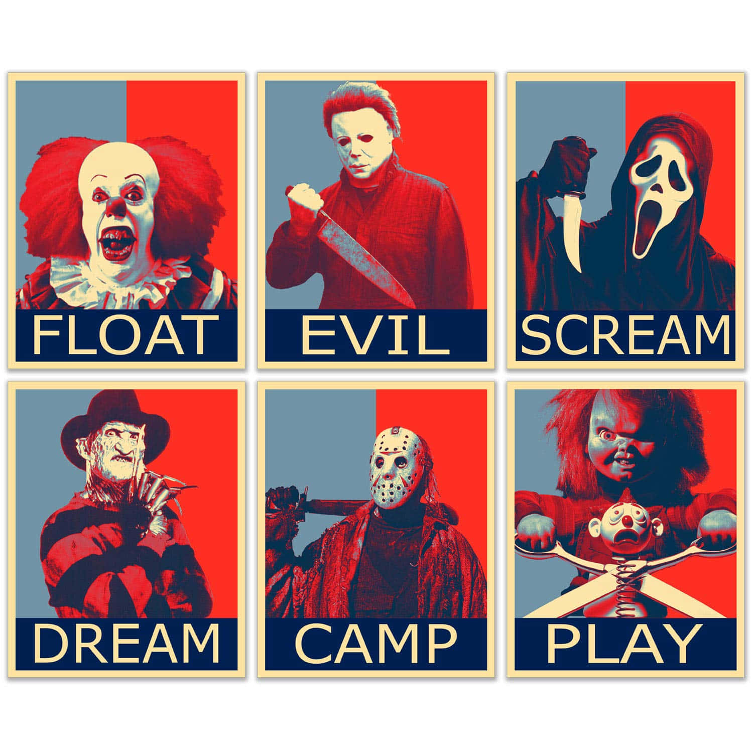Horror Icons 桌布 壁紙 — 六個標誌性恐怖反派，以大膽紅藍宣傳海報風格呈現，每個下方附有戲劇性文字。