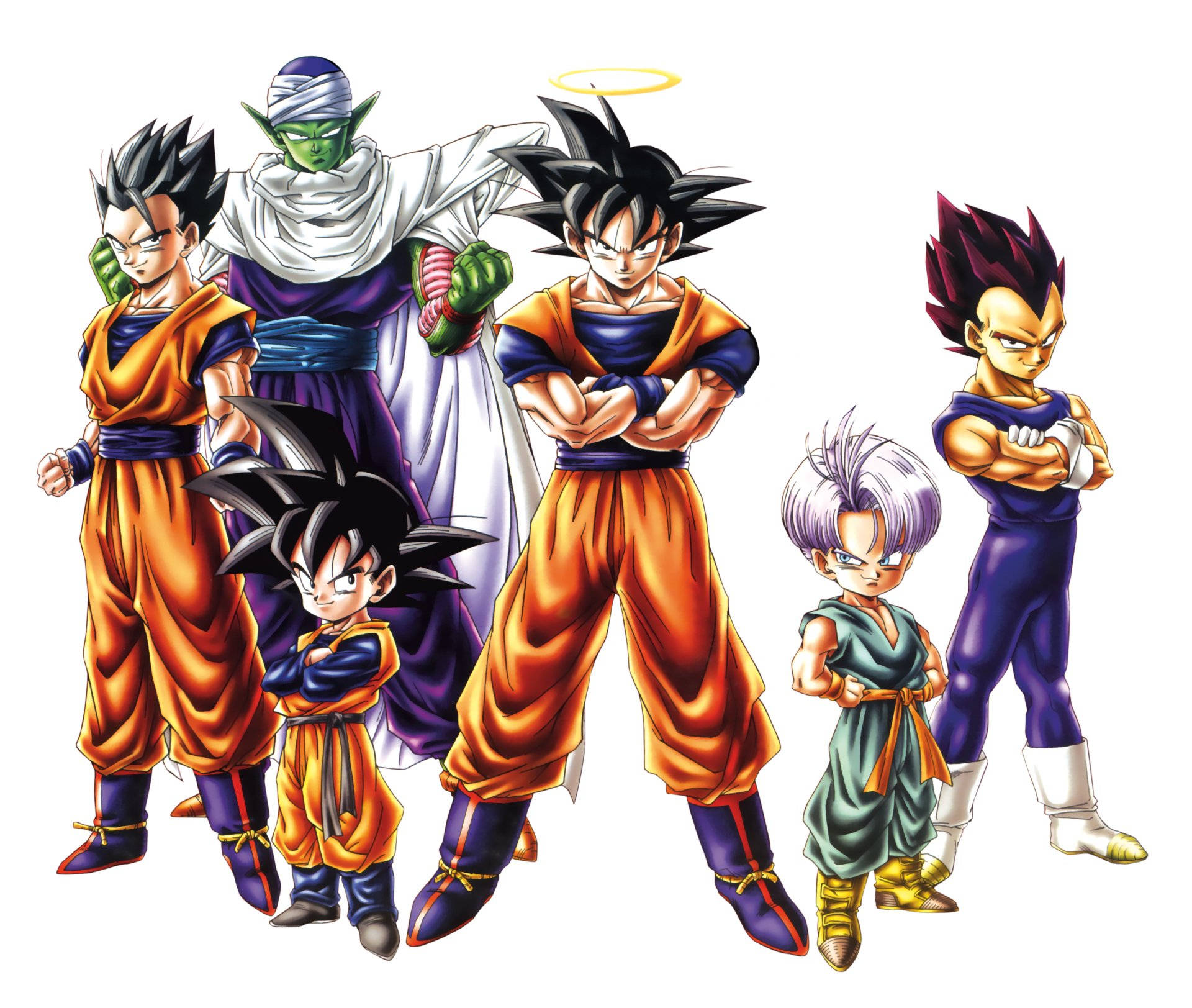 Goten 桌布 壁紙 — 六個標誌性的七龍珠角色穿著他們的標誌性服裝，自信地站在純白色背景前。