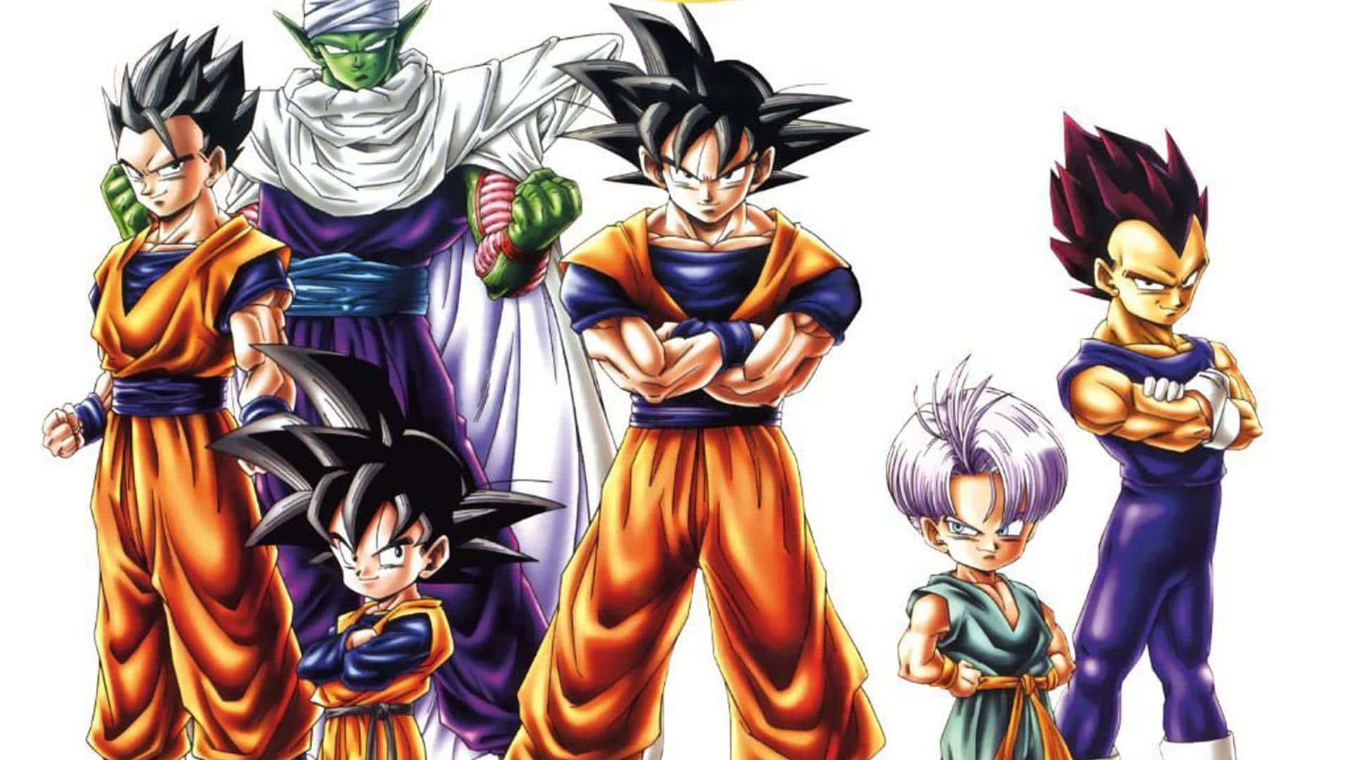 Dragon Ball Z Characters 桌布 壁紙 — 六個標誌性的七龍珠角色穿著他們的招牌服裝，自信地站在純白色背景前。
