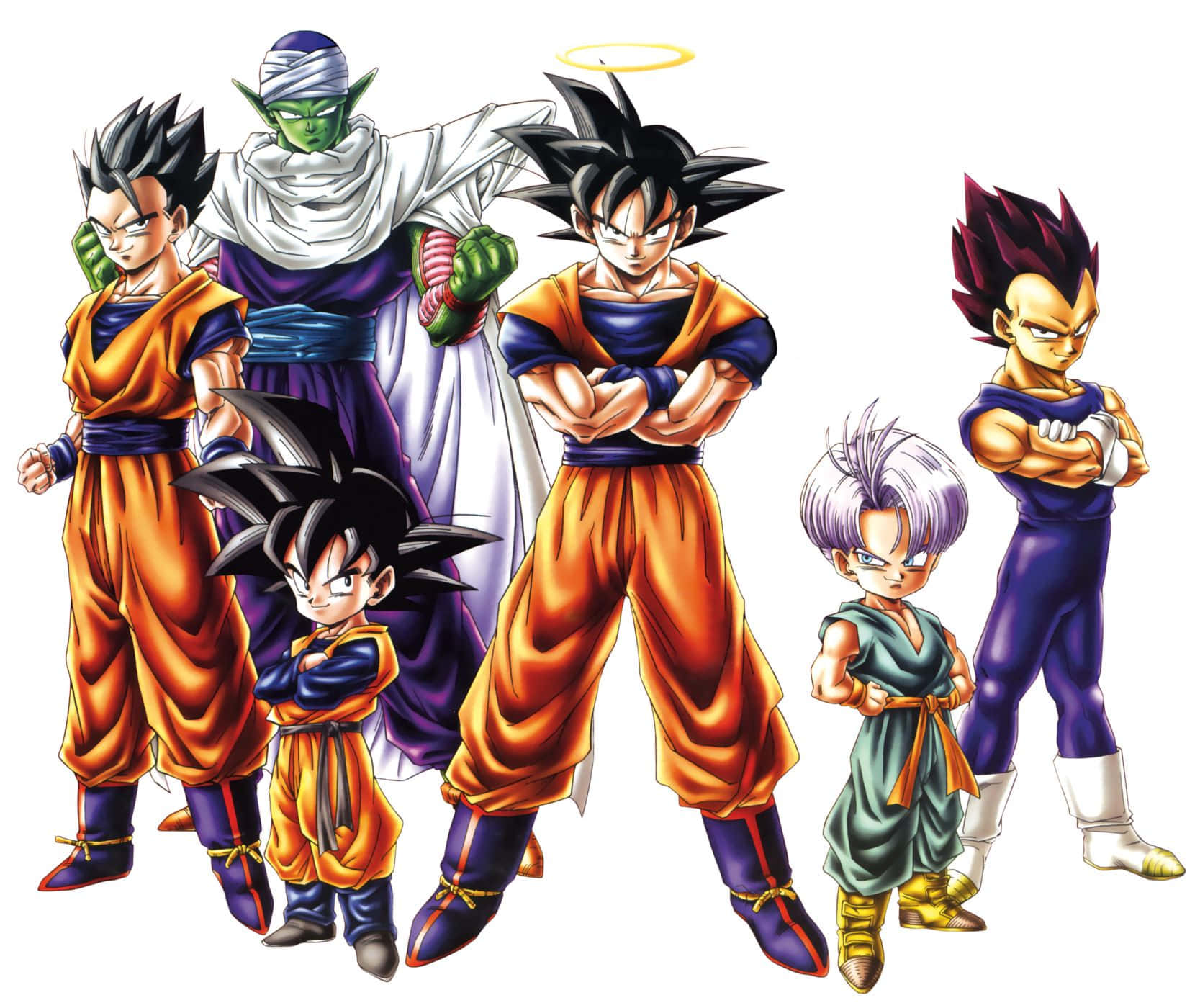 Dragon Ball Characters 桌布 壁紙 — 六個標誌性的七龍珠角色穿著他們的標誌性服裝，自信地站在純白色背景前。