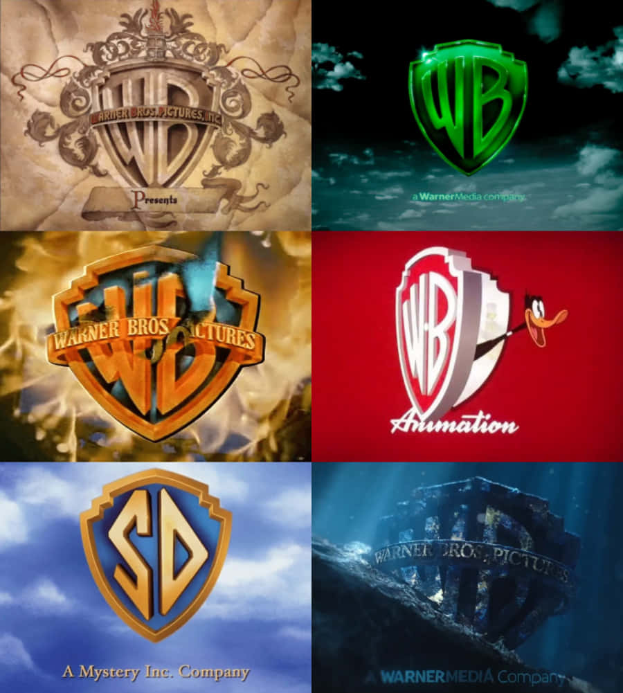 Warner Bros 桌布 壁紙 — 六個標誌性的華納兄弟標誌以網格顯示，每個都有獨特的藝術風格和背景。