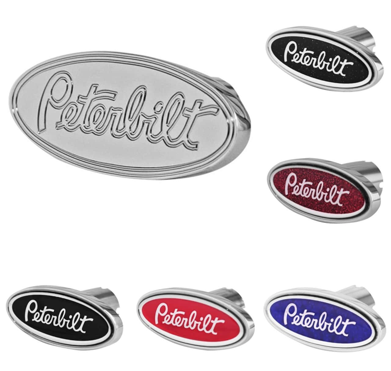 品牌 桌布 壁紙 — 六個橢圓形 Peterbilt 卡車掛鉤蓋，顏色有鉻色、黑色、紅色、藍色和閃粉紅色，帶有草書標誌。