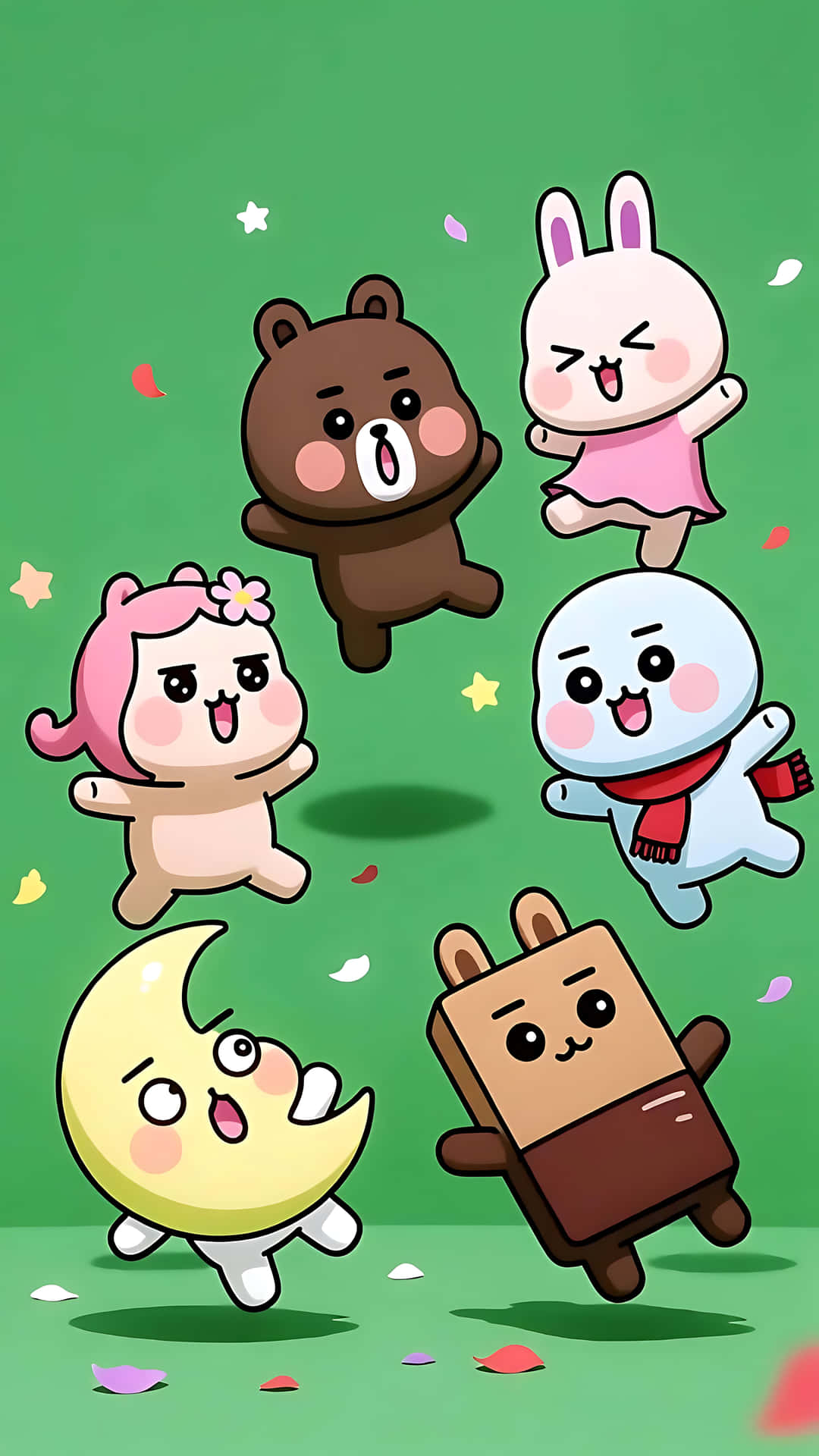 Fun group of quirky cartoon characters on green backdrop 壁紙 — 六個歡樂的卡通角色，包括熊、兔子、月亮和冰淇淋，在綠色背景上飄落花瓣中愉快地漂浮在半空中。