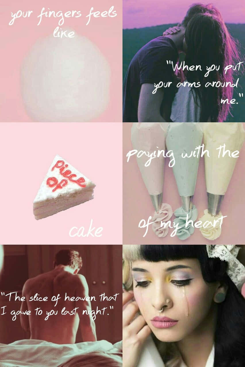 Melanie Martinez Aesthetic 桌布 壁紙 — 六個浪漫而感性時刻的拼貼畫，帶有柔和粉彩調和詩意文字疊加。