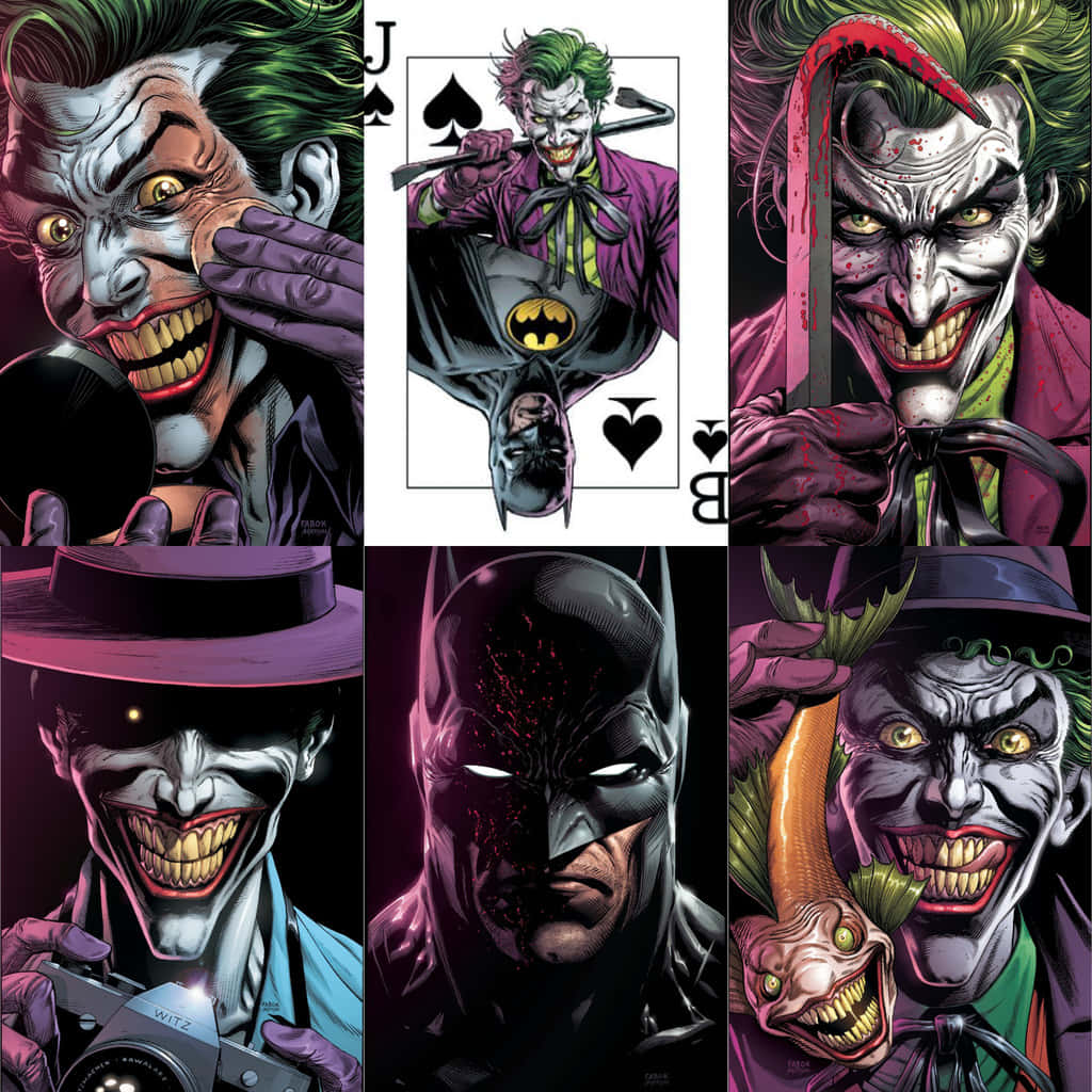 Batman Three Jokers 桌布 壁紙 — 六個漫畫書面板描繪了小丑在各種威脅姿勢中，其中一個有蝙蝠俠，全部以鮮豔的紫色和綠色色調呈現。