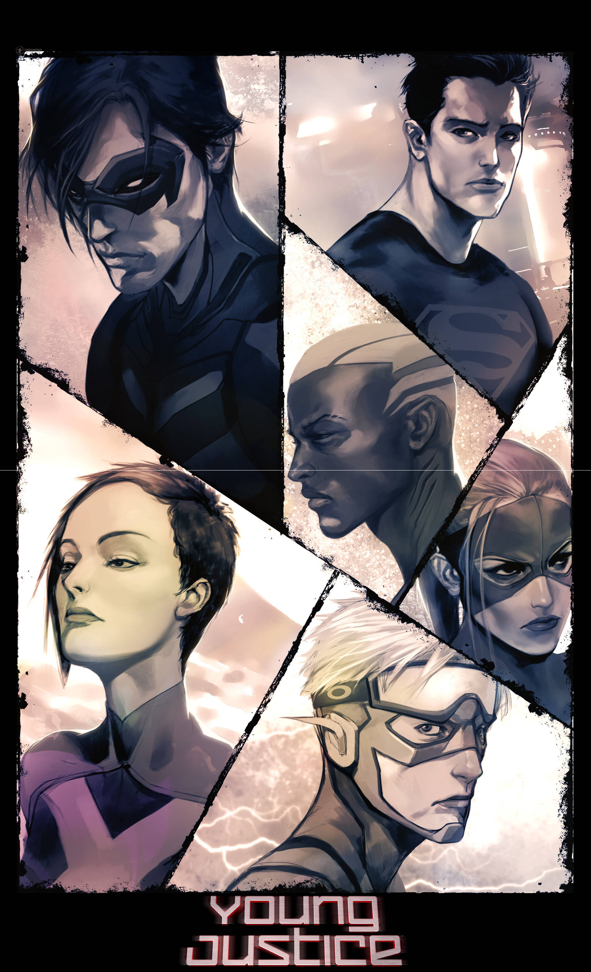Young Justice 桌布 壁紙 — 六個漫畫風格的超級英雄角色以碎片化面板形式顯示在陰雲密佈的天空背景下。