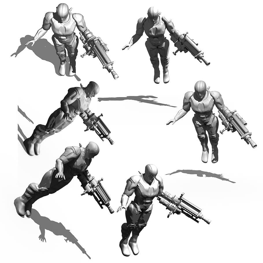 槍枝 桌布 壁紙 — 六個灰階3D渲染的士兵人偶，身穿戰鬥裝備，手持重型武器，在純白背景上以動態姿勢呈現。