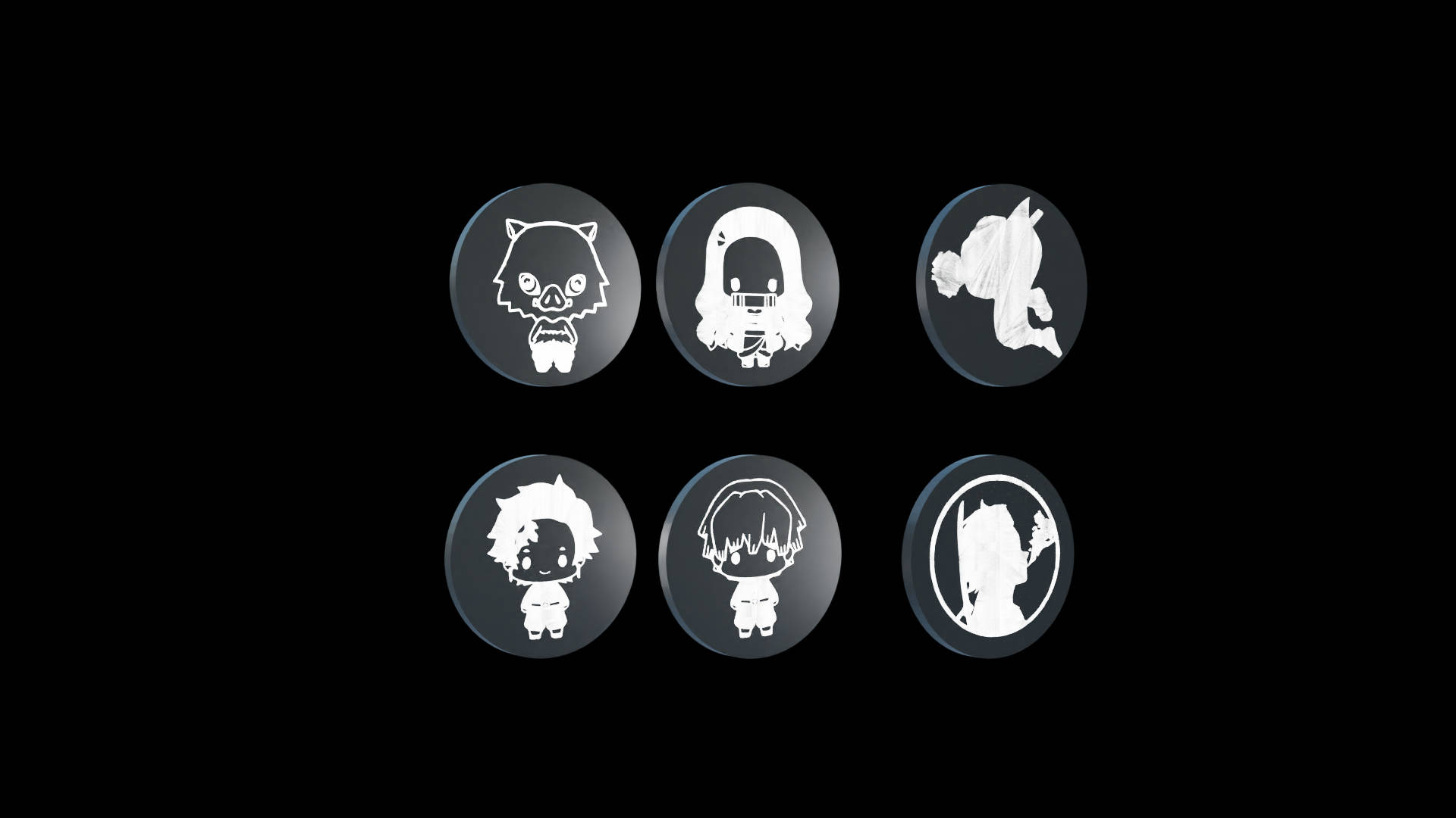 Demon Slayer Black And White 桌布 壁紙 — 六個發光的圓形徽章在黑色背景上展示白色Q版動漫角色。