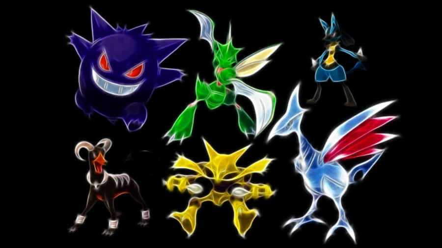 Scyther 桌布 壁紙 — 六個發光的寶可夢剪影，輪廓清晰，色彩鮮豔，漂浮在黑色背景上。