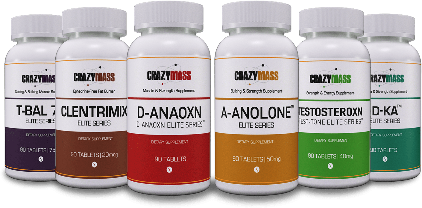 Medicine Bottle 桌布 壁紙 — 六個白色Crazy Mass膳食補充劑瓶，帶有彩色標籤，排成一排，背景為黑色。