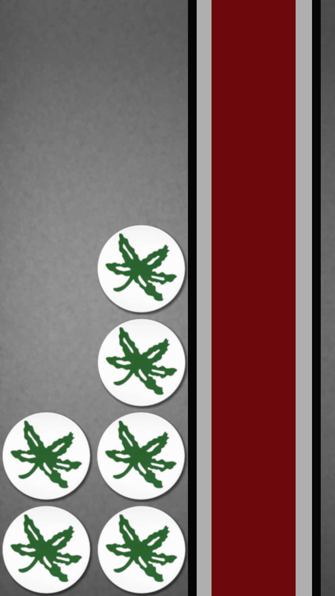 桌布 壁紙 — 六個白色圓形圖示，帶有綠色大麻葉符號，在灰色背景上對角排列，旁邊有鮮明的紅色、灰色和黑色垂直條紋。