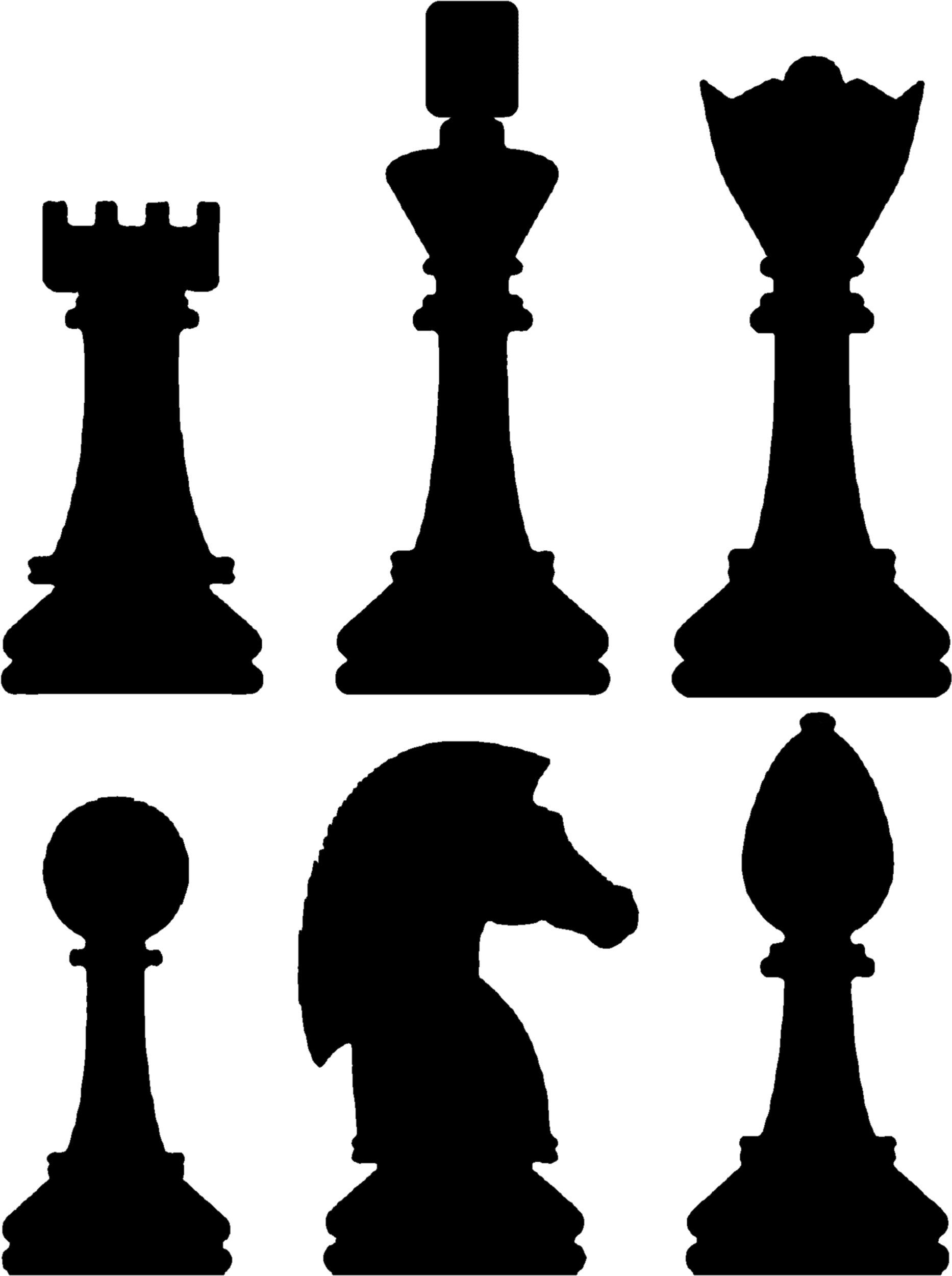 西洋棋 桌布 壁紙 — 六個白色輪廓的西洋棋棋子剪影，置於純黑色背景上。