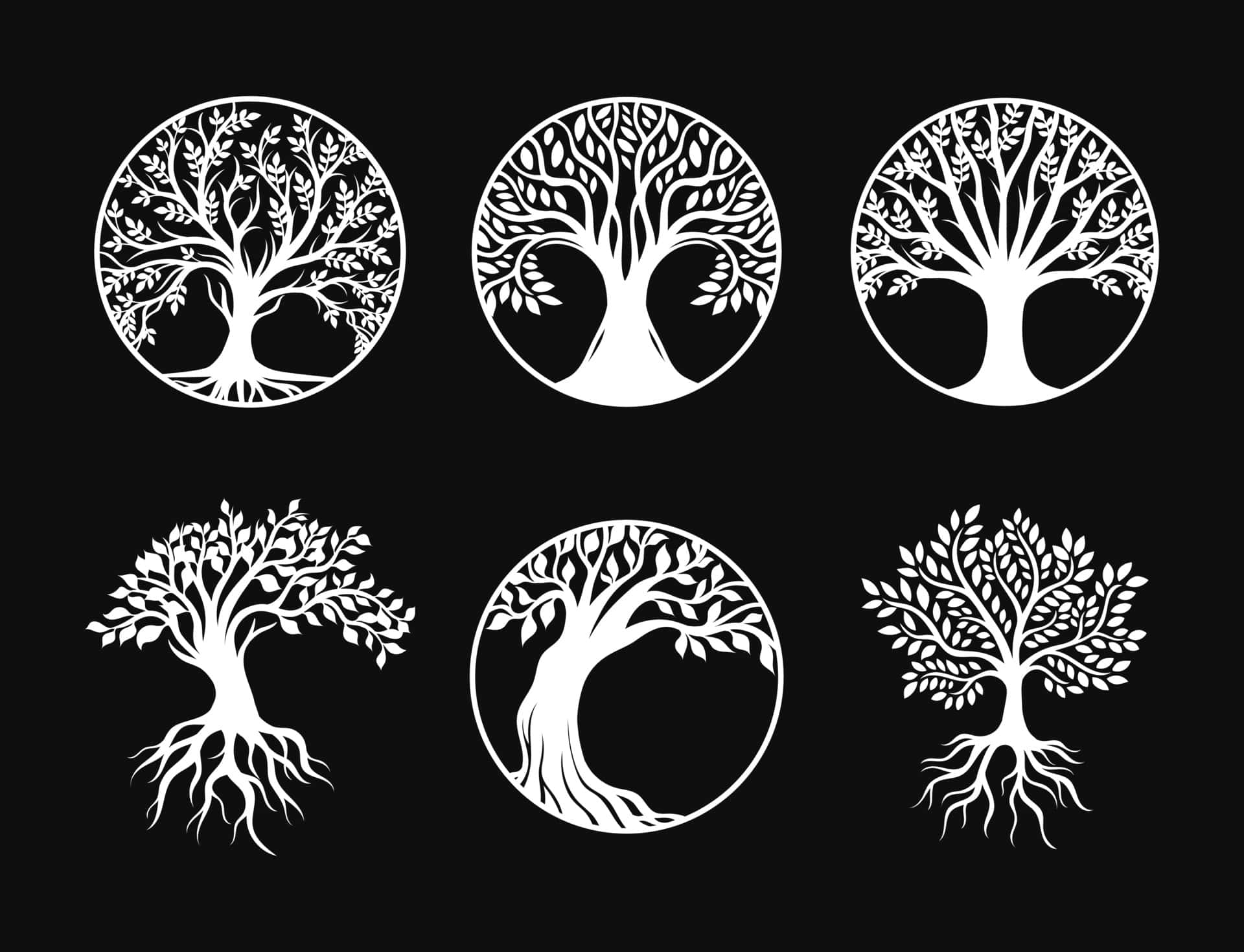 Tree Of Life 桌布 壁紙 — 六個白色風格化樹木剪影，帶有根和葉子，在黑色背景上排列成兩行。