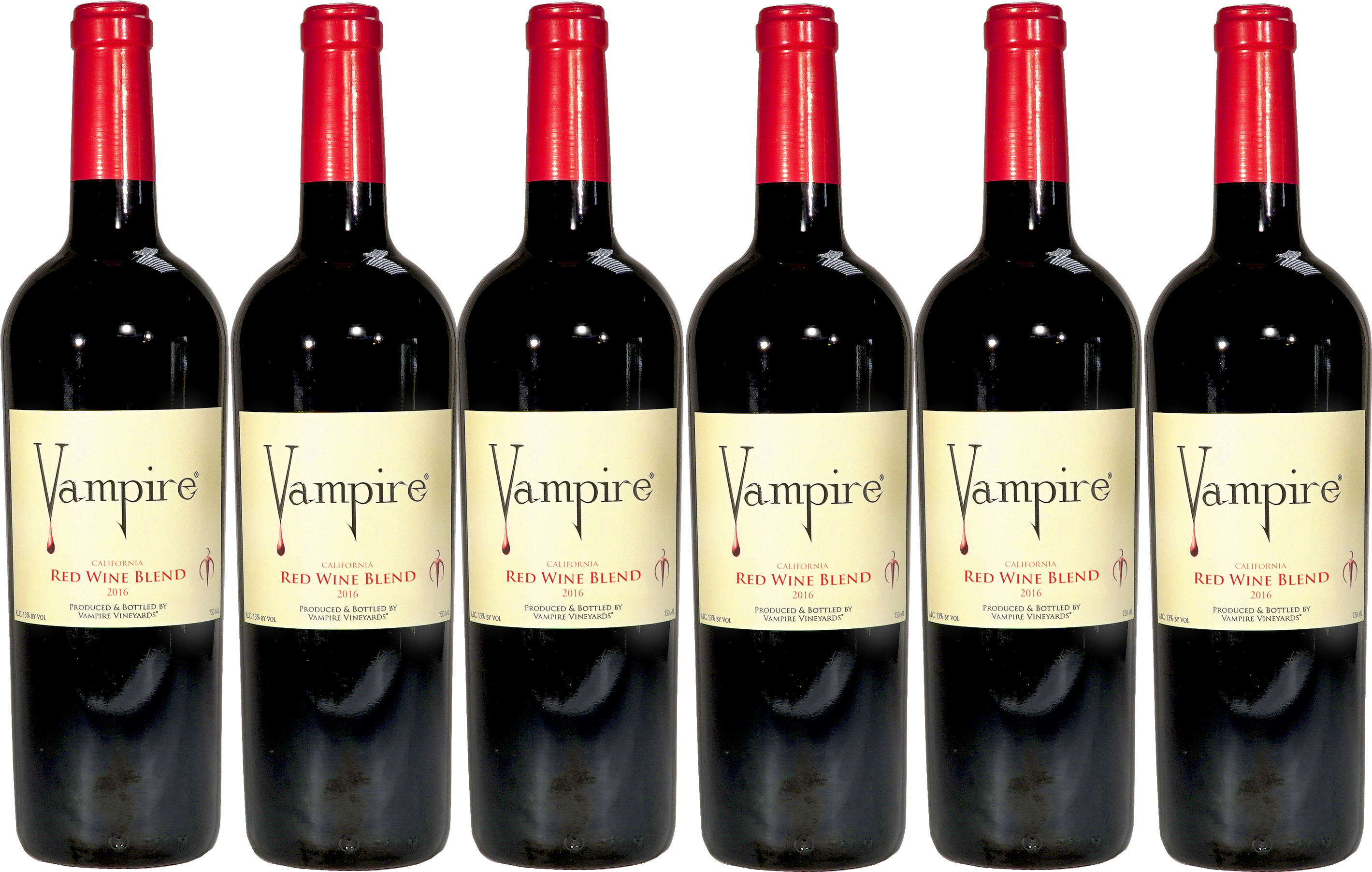 葡萄酒 桌布 壁紙 — 六個相同的Vampire Red Wine Blend酒瓶，帶紅色瓶蓋，在黑色背景前排成一排。