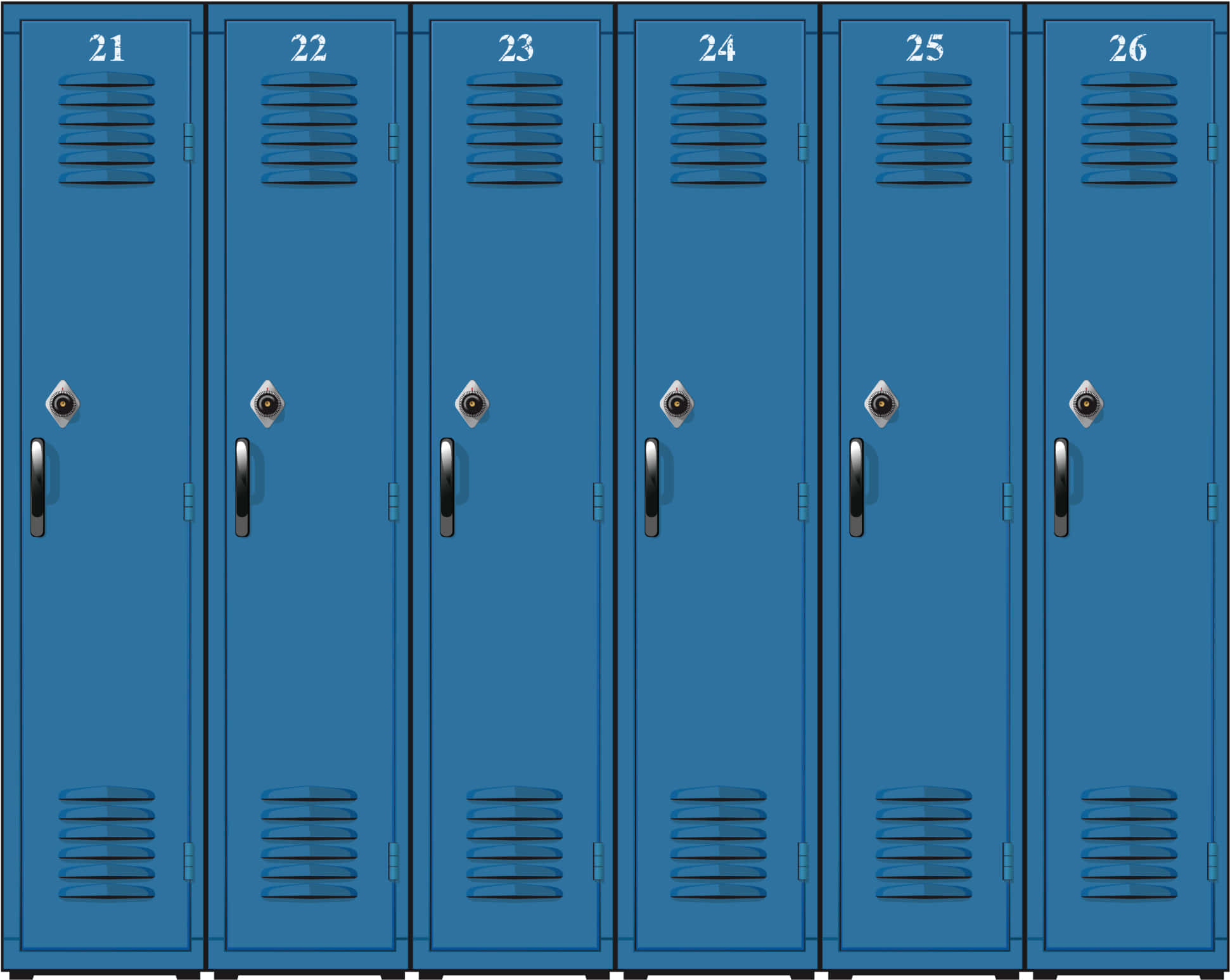 Lockers 桌布 壁紙 — 六個相同的藍色學校置物櫃，編號21至26，排成一排，配有銀色把手和通風口。