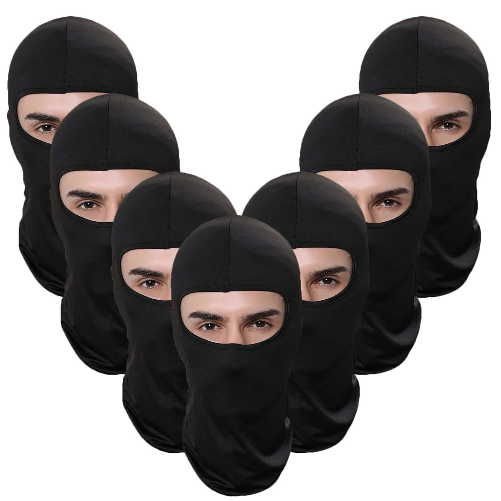 Black Ski Mask 桌布 壁紙 — 六個相同的黑色巴拉克拉瓦頭套，在純白背景上展示，臉孔從眼孔中窺視。