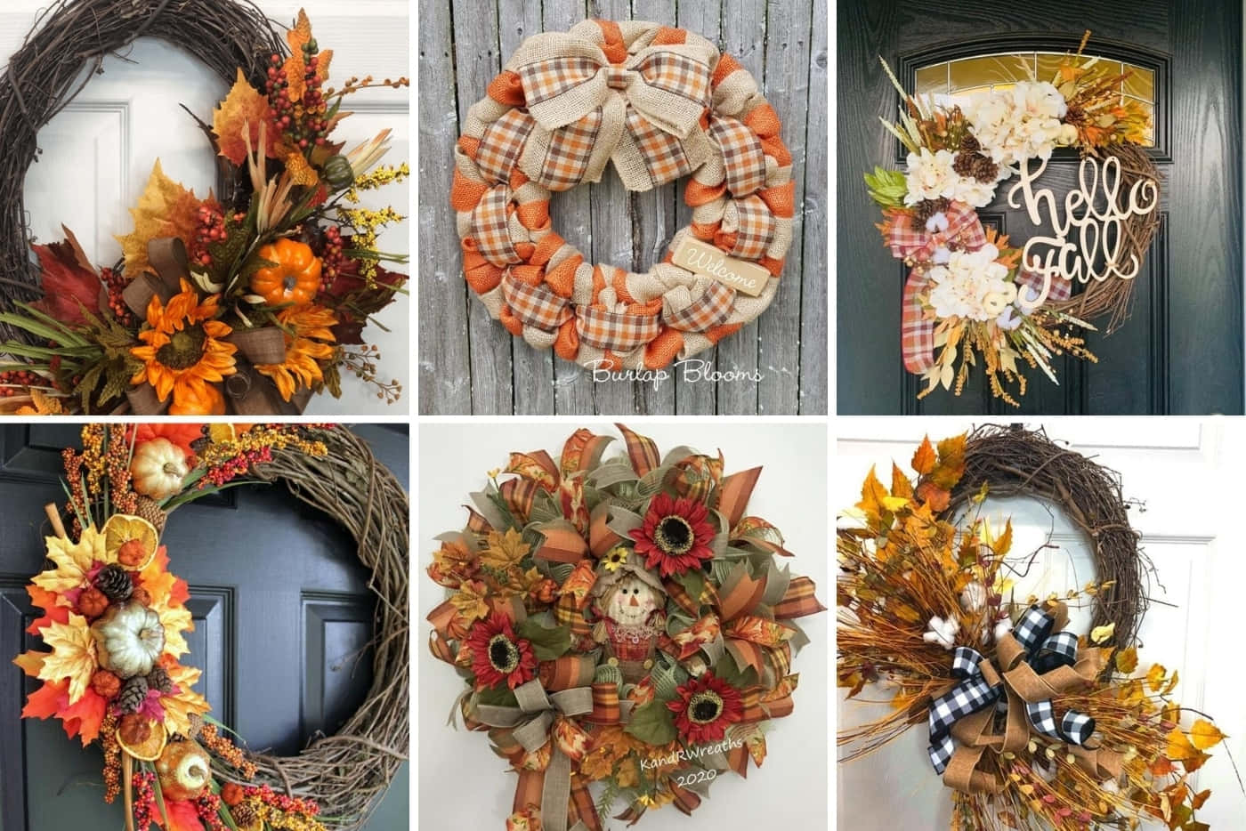 Fall Wreath 桌布 壁紙 — 六個秋季主題花環裝飾著門，配有南瓜、向日葵、樹葉和蝴蝶結，呈現溫暖的秋季色彩。