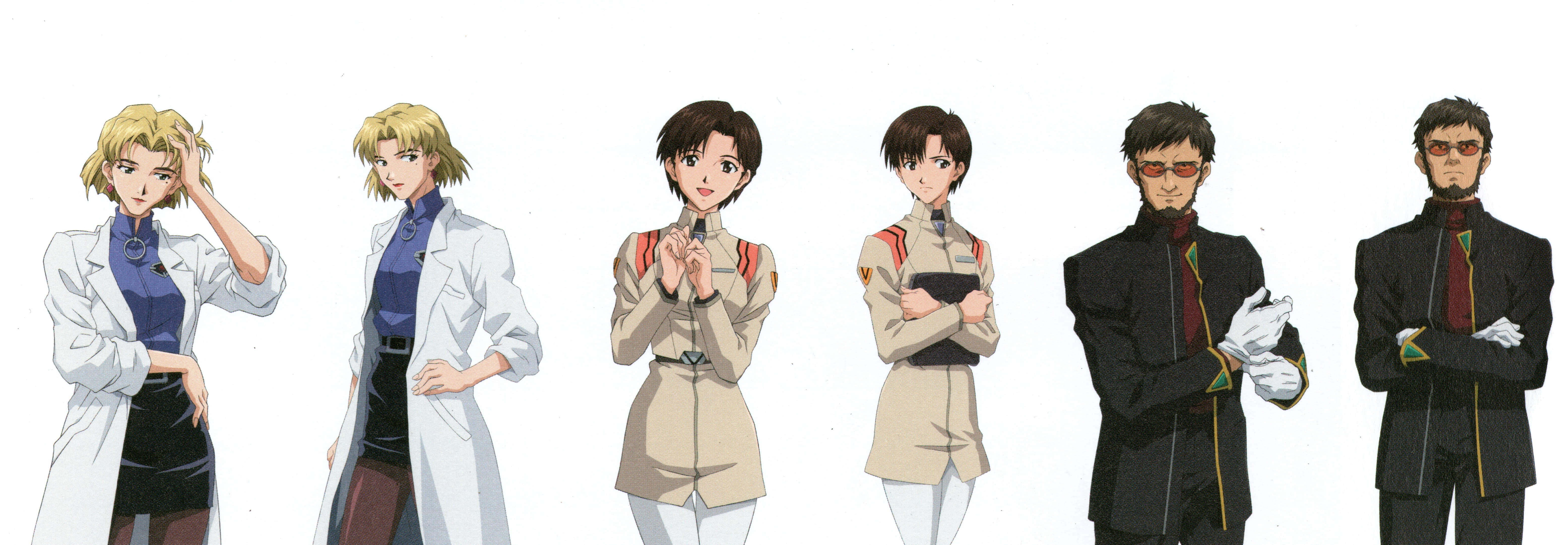 Maya Ibuki 桌布 壁紙 — 六個穿著不同制服的動漫角色在純白色背景前自信地擺姿勢。