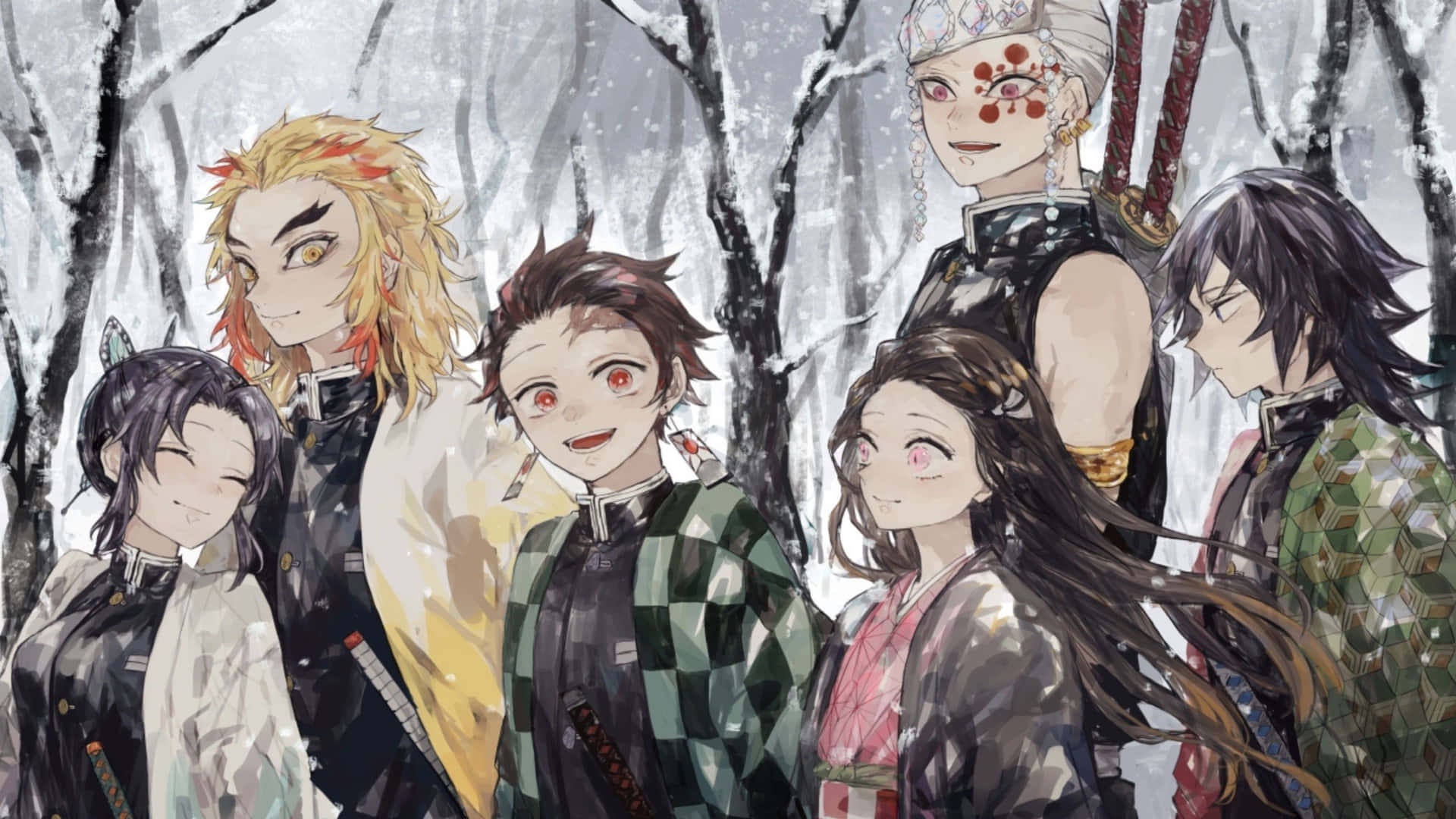 六個動漫角色在冬季森林中，雪花飄落。 — 鬼滅之刃 4K 壁紙