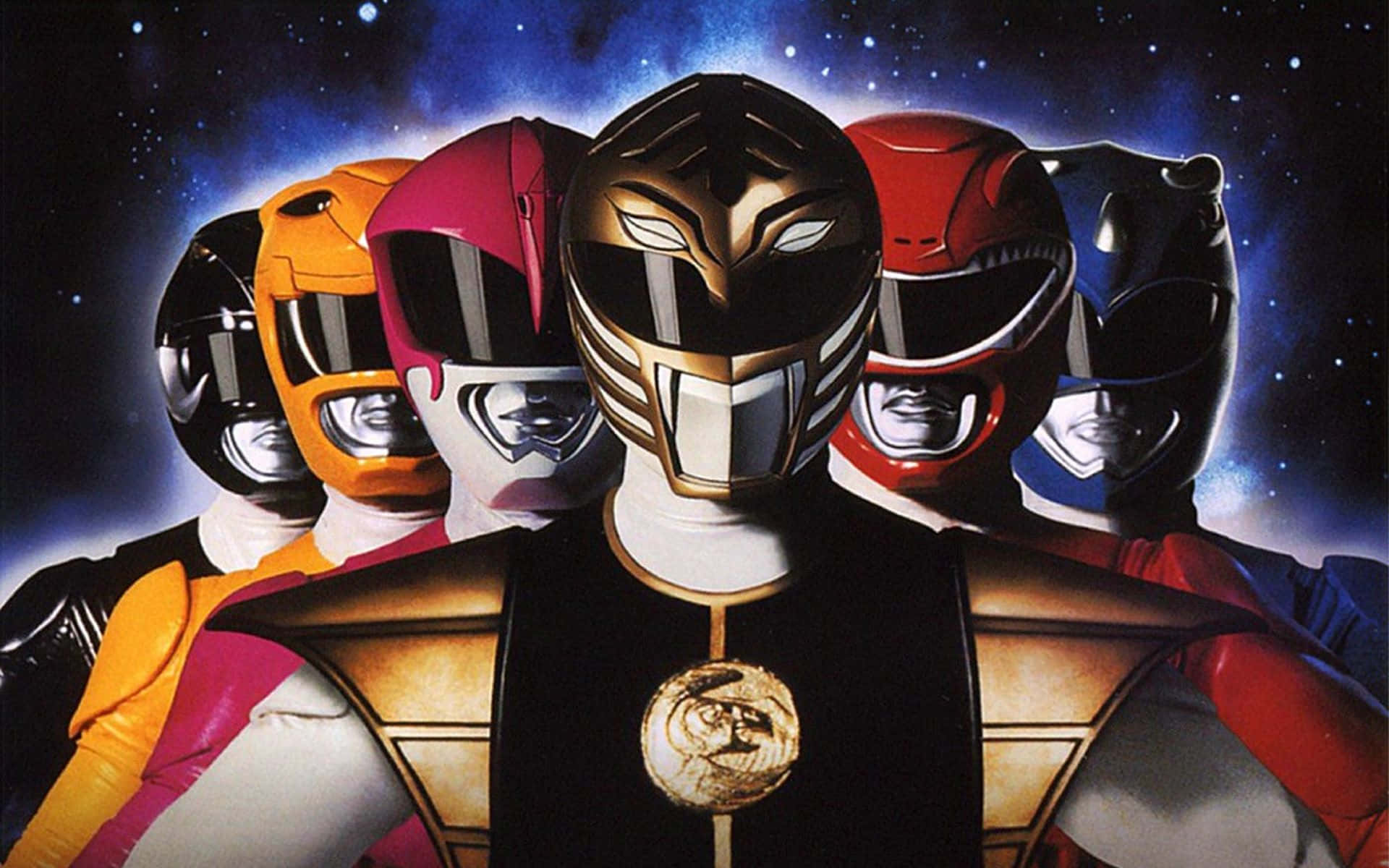 金剛戰士 桌布 壁紙 — 六個穿著彩色頭盔的Power Rangers在星光燦爛的宇宙背景下英勇站立，帶有發光效果。
