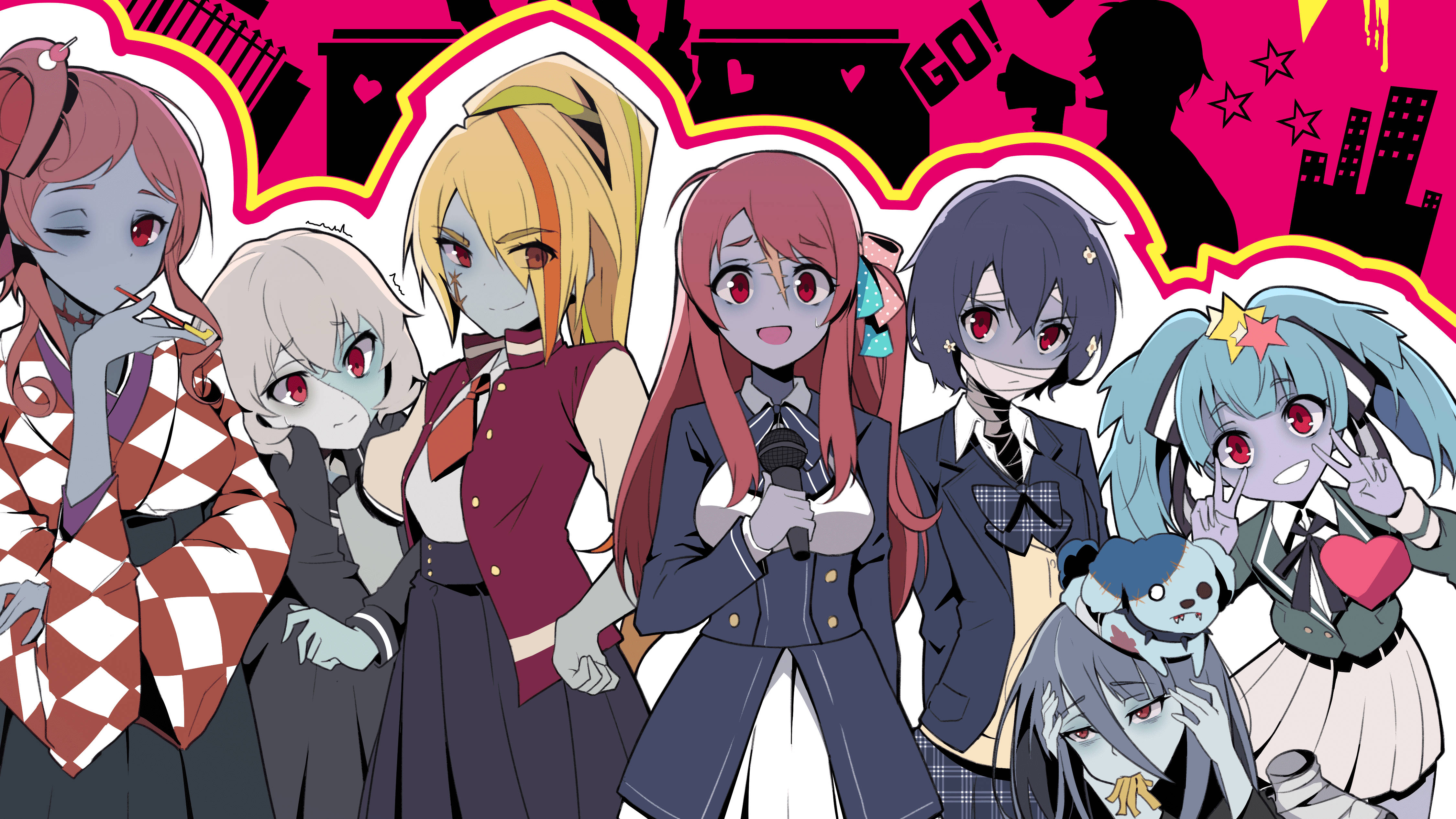 zombie land saga 桌布 壁紙 — 六個穿著校服的動漫女孩在充滿活力的粉紅色背景上，搭配大膽的黑色剪影和星星，充滿活力地擺姿勢。