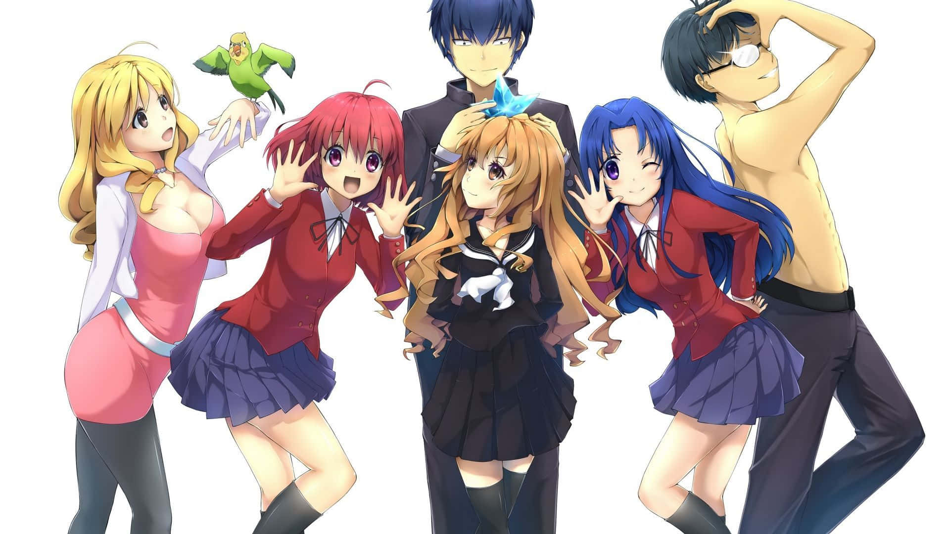 Toradora 桌布 壁紙 — 六個穿著校服的動漫角色在純白色背景前充滿活力地擺姿勢，附近有一隻綠色小鳥飛過。