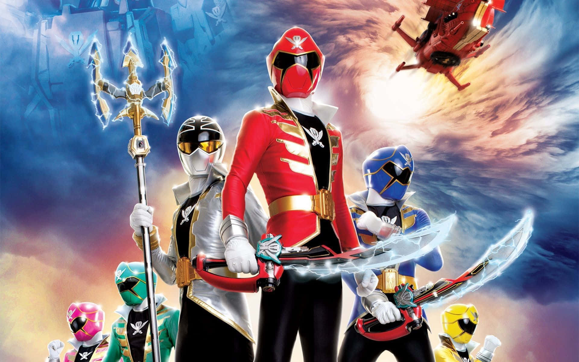 金剛戰士 桌布 壁紙 — 六個穿著海盜主題盔甲的Power Rangers在暴風雨的天空下英勇站立，伴隨著飛行機甲和發光武器。