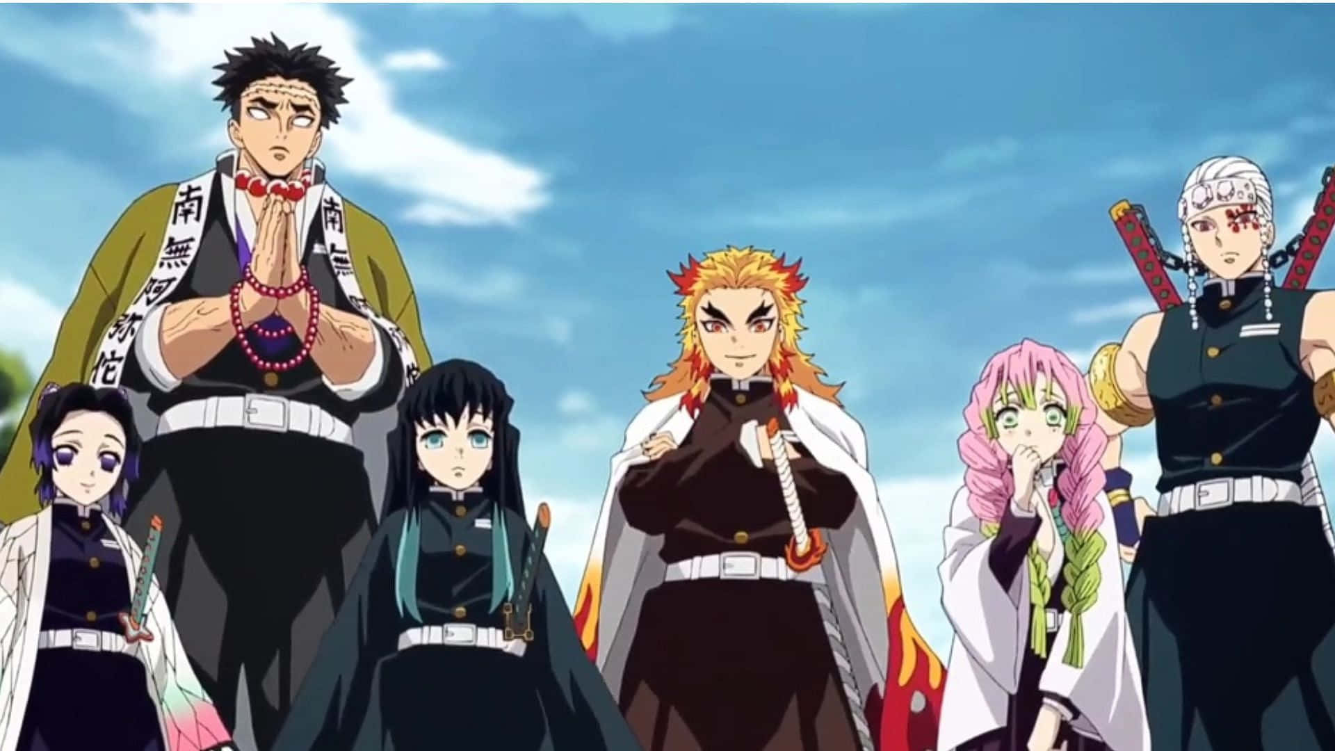 Demon Slayer Corps 桌布 壁紙 — 六個穿著獨特制服的動畫角色在零星白雲的明亮藍天下自信地站著。