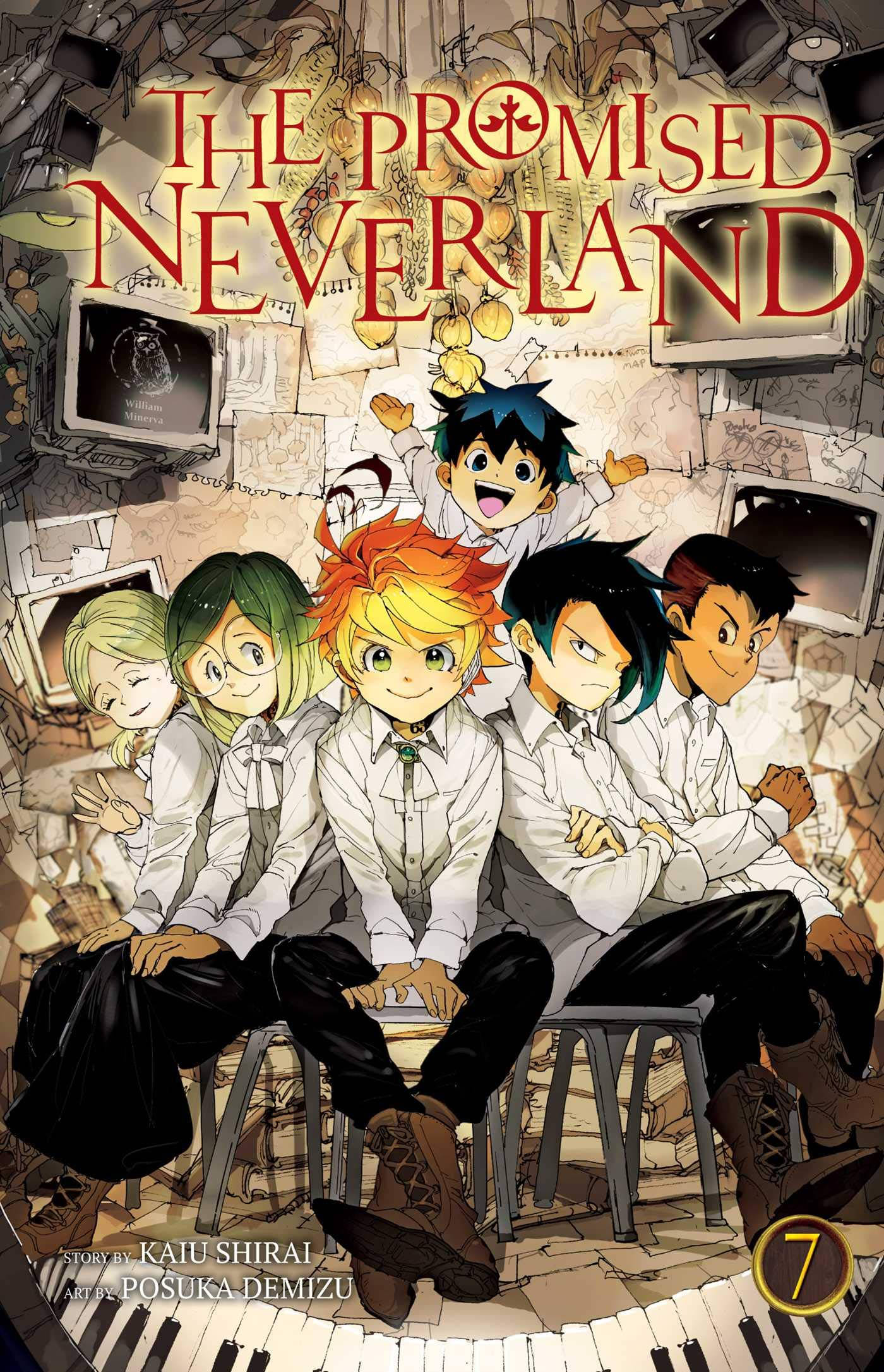 The Promised Neverland 桌布 壁紙 — 六個穿著白襯衫的動漫兒童坐在散落著電視和紙張的凳子上，上方有標題《The Promised Neverland》。