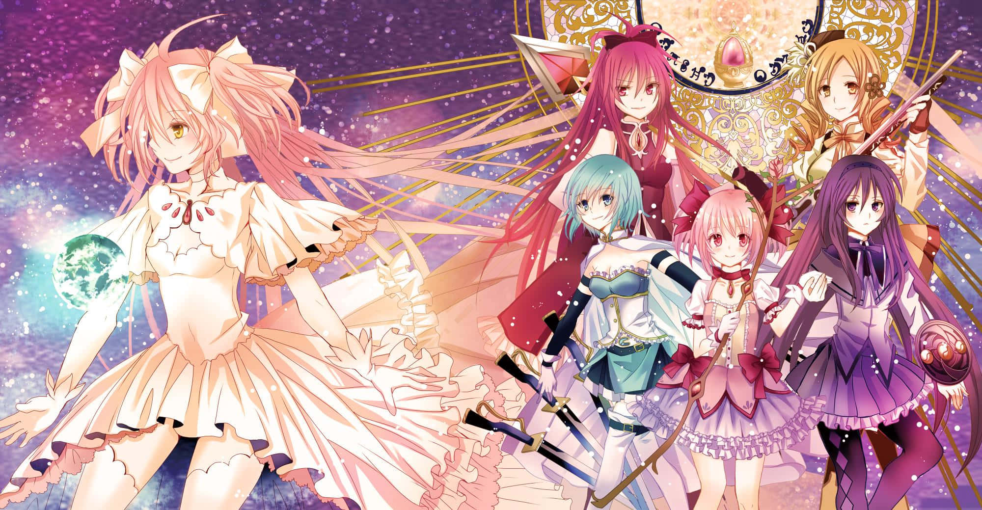 Madoka Magica 桌布 壁紙 — 六個穿著精緻連衣裙的動漫女孩站在閃閃發光的宇宙背景下，伴隨著發光的球體和耀眼的光束。