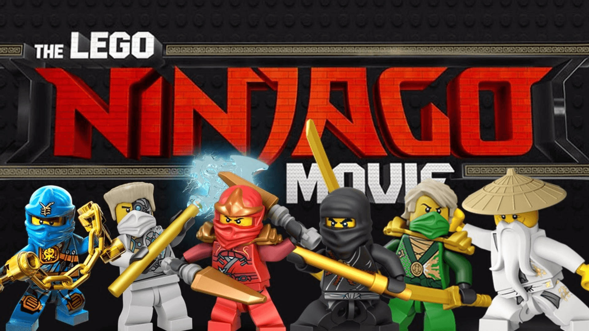 Ninjago 桌布 壁紙 — 六個穿著色彩繽紛忍者服裝的LEGO旋風忍者角色，在黑暗磚紋背景前英勇站立，帶有發光標題。