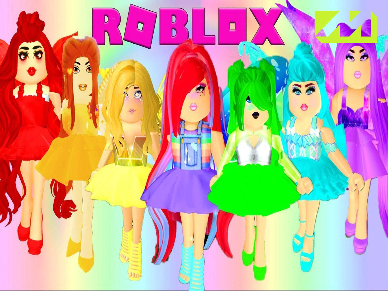 Bff Roblox 桌布 壁紙 — 六個穿著鮮豔連衣裙的彩色Roblox頭像站在彩虹漸變背景前，上方有Roblox標誌。