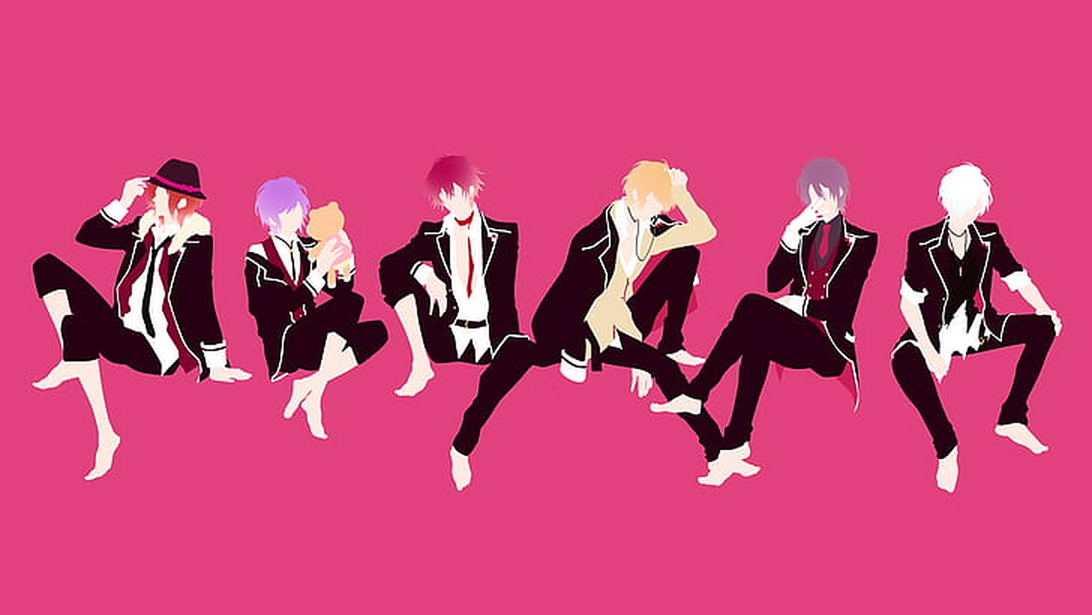 Diabolik Lovers 桌布 壁紙 — 六個穿著黑色西裝的動畫男孩隨意地坐在充滿活力的粉紅色背景上，每個人都有獨特的髮色和姿勢。