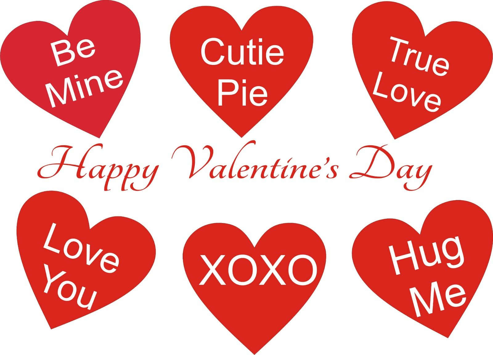 Happy Valentines 桌布 壁紙 — 六個紅色心形，上面有白色文字如「Be Mine」和「XOXO」，圍繞著一個草書的「Happy Valentine's Day」訊息。