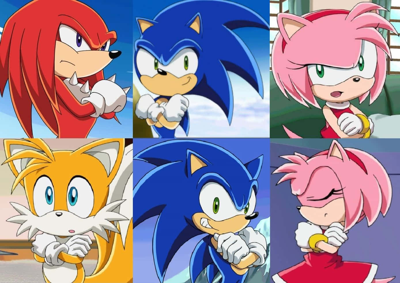 Sonic X 桌布 壁紙 — 六個經典動漫風格的標誌性音速小子角色在不同背景前自信擺姿勢。