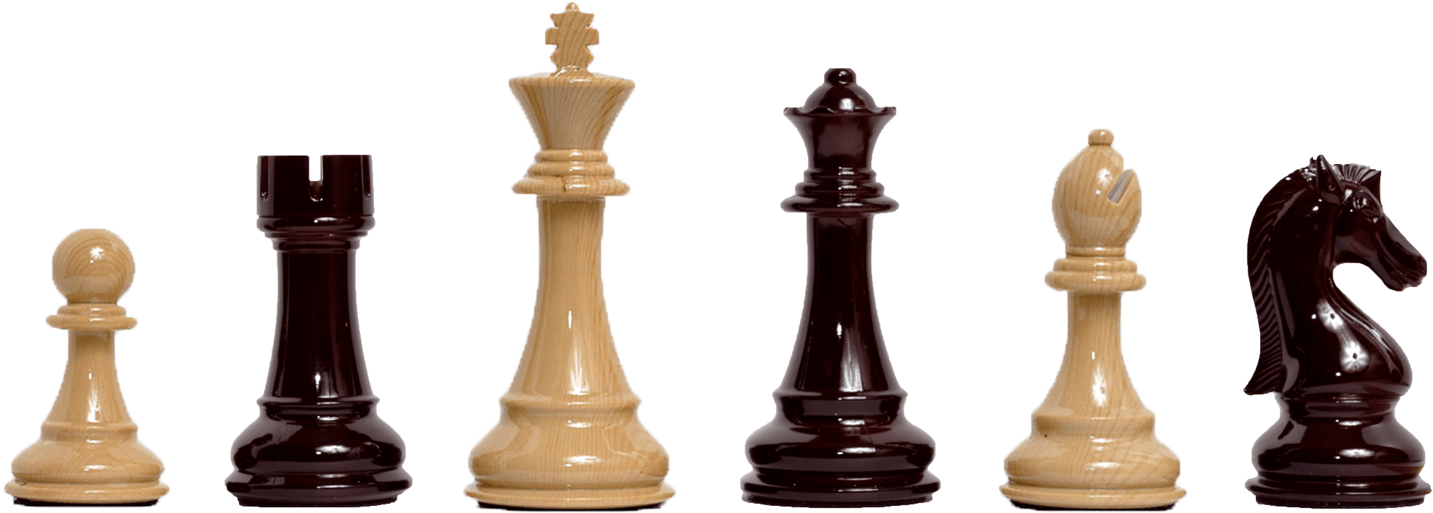西洋棋 桌布 壁紙 — 六個經典木製國際象棋棋子，分為淺色和深色兩組，排列在嚴肅的黑色背景上。
