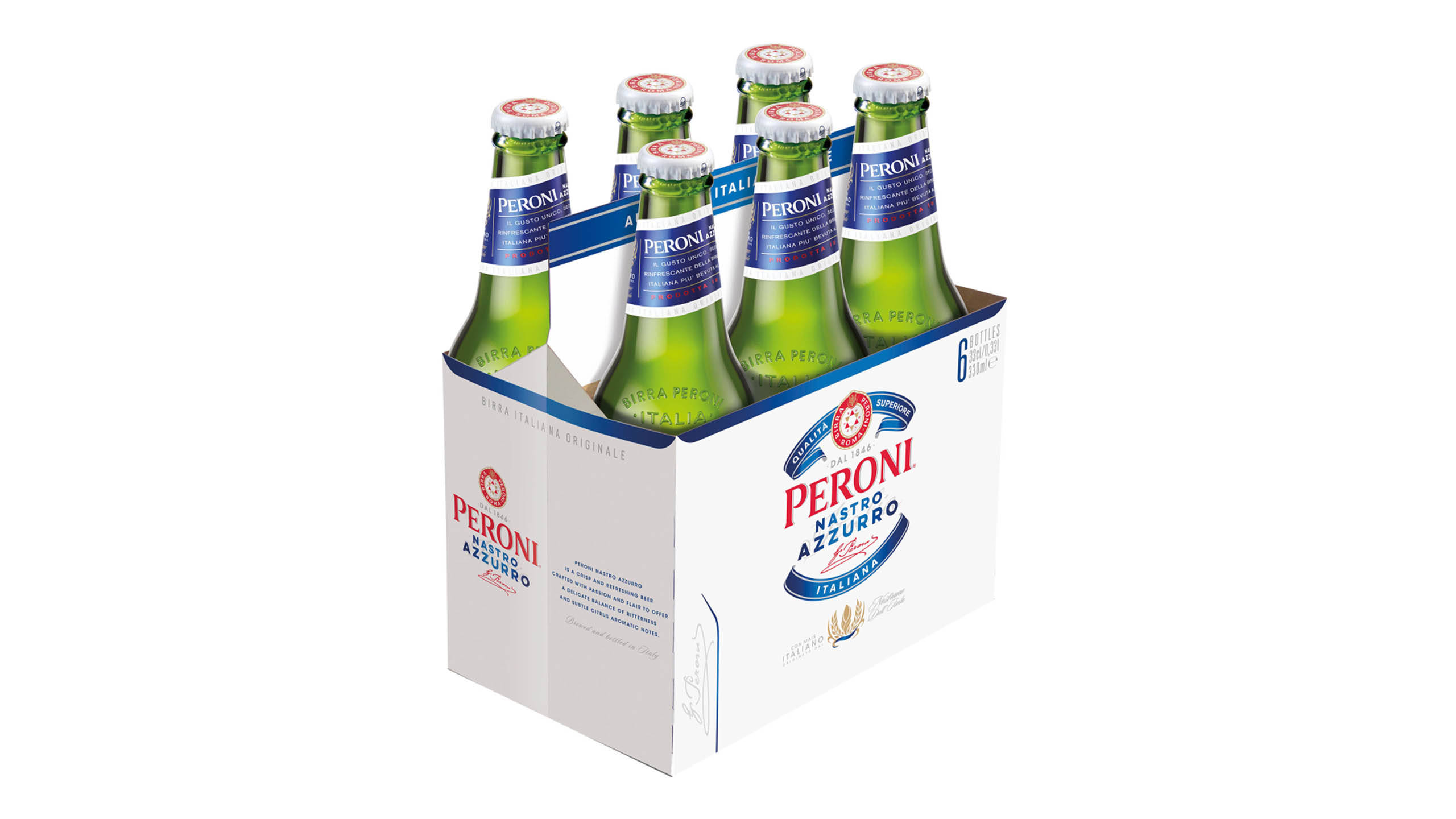 Beer 桌布 壁紙 — 六個綠色 Peroni Nastro Azzurro 啤酒瓶整齊地排列在一個白色紙板提架中，背景為純白色。