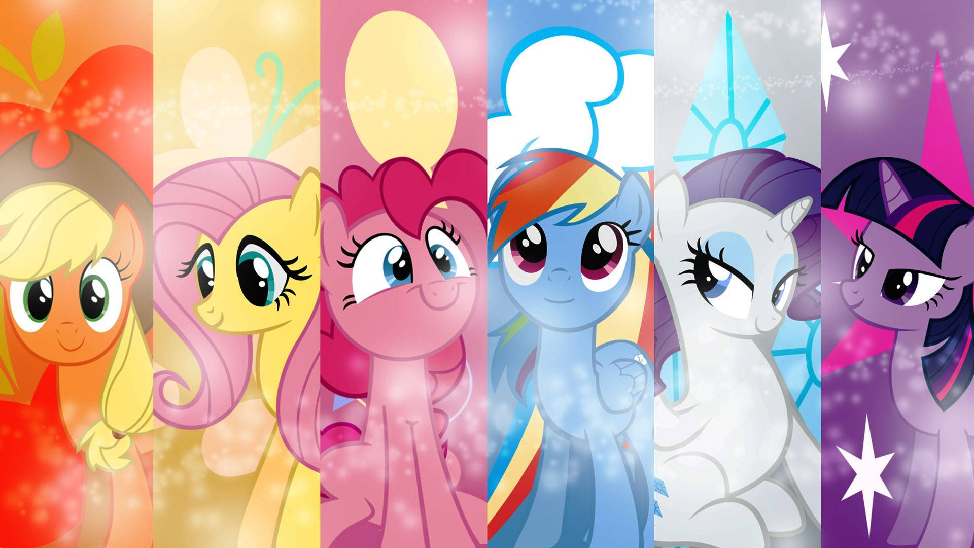 my 桌布 壁紙 — 六個色彩繽紛的 My Little Pony 角色並排站立在充滿活力的垂直面板中，帶有閃爍的光芒和主題背景。