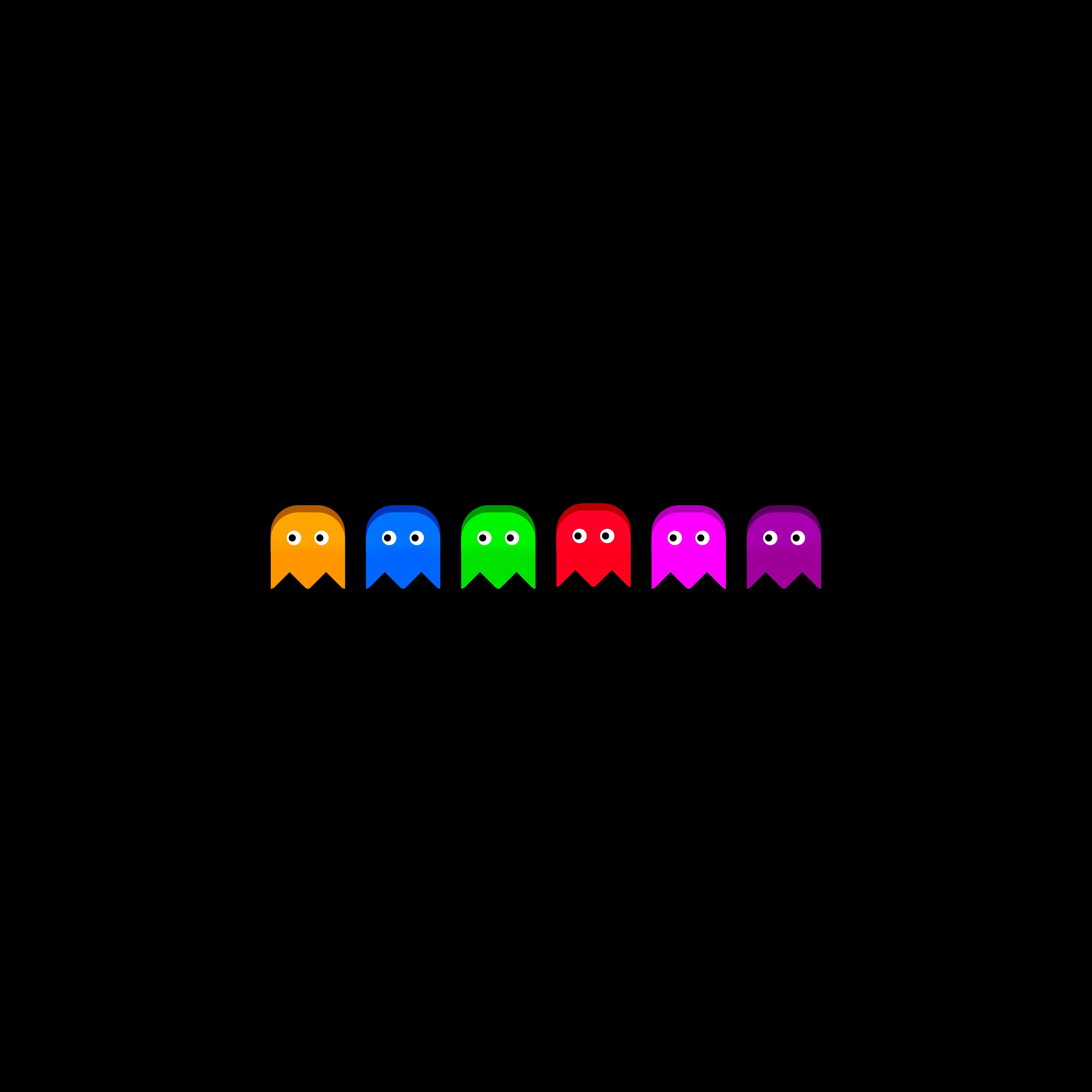 Retro Game 桌布 壁紙 — 六個色彩繽紛的 Pac-Man 鬼魂在黑色背景上排成一排，每個都有簡單的眼睛和波浪形的底部。