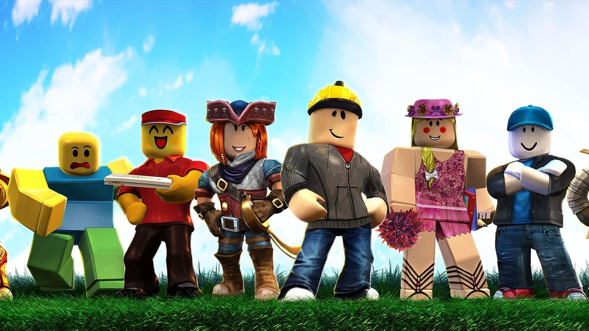 Roblox 桌布 壁紙 — 六個色彩繽紛的 Roblox 頭像一起站在綠色草地上，頭上是藍天白雲。