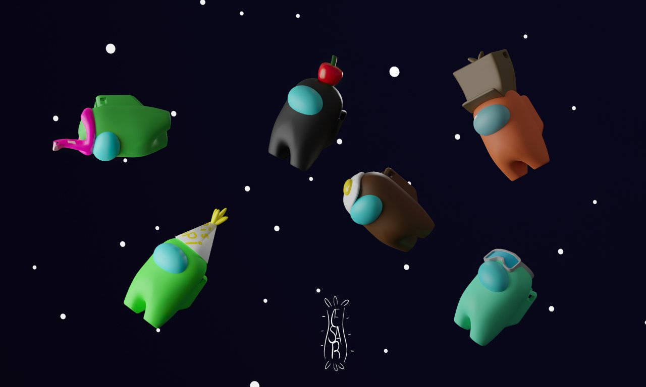 美學 在我們之間 桌布 壁紙 — 六個色彩繽紛的Among Us角色漂浮在星空之中，下方有一個小小的白色簽名。