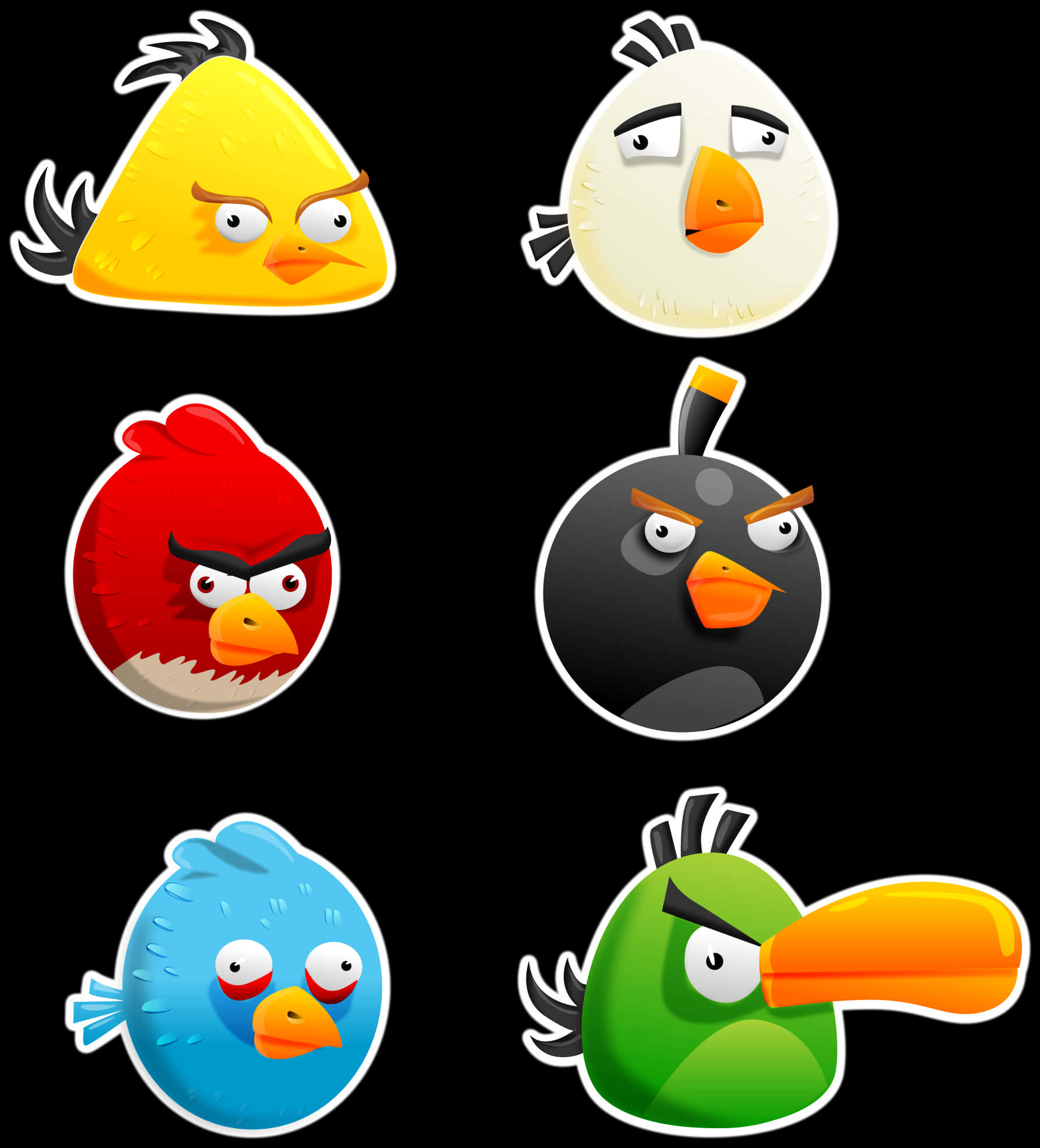 birds 桌布 壁紙 — 六個色彩繽紛的Angry Birds角色，在黑色背景上帶有憤怒的表情。
