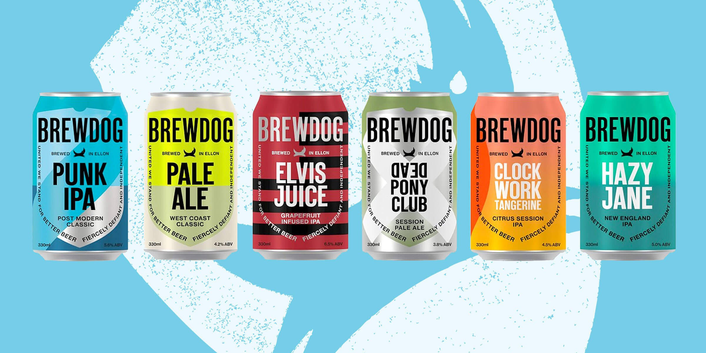 Drink 桌布 壁紙 — 六個色彩繽紛的BrewDog啤酒罐以鮮豔色調排列在淺藍色抽象潑濺背景上。