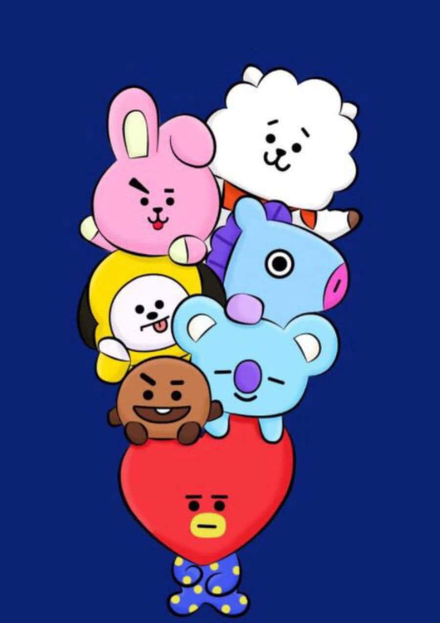BT21 桌布 壁紙 — 六個色彩繽紛的BT21卡通角色堆疊在一個紅色心形上，背景為深藍色。
