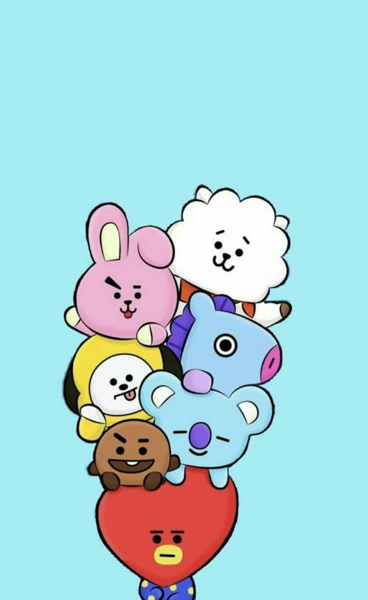 BT21 桌布 壁紙 — 六個色彩繽紛的BT21卡通角色堆疊在一個紅色心形上，背景為淺藍色。