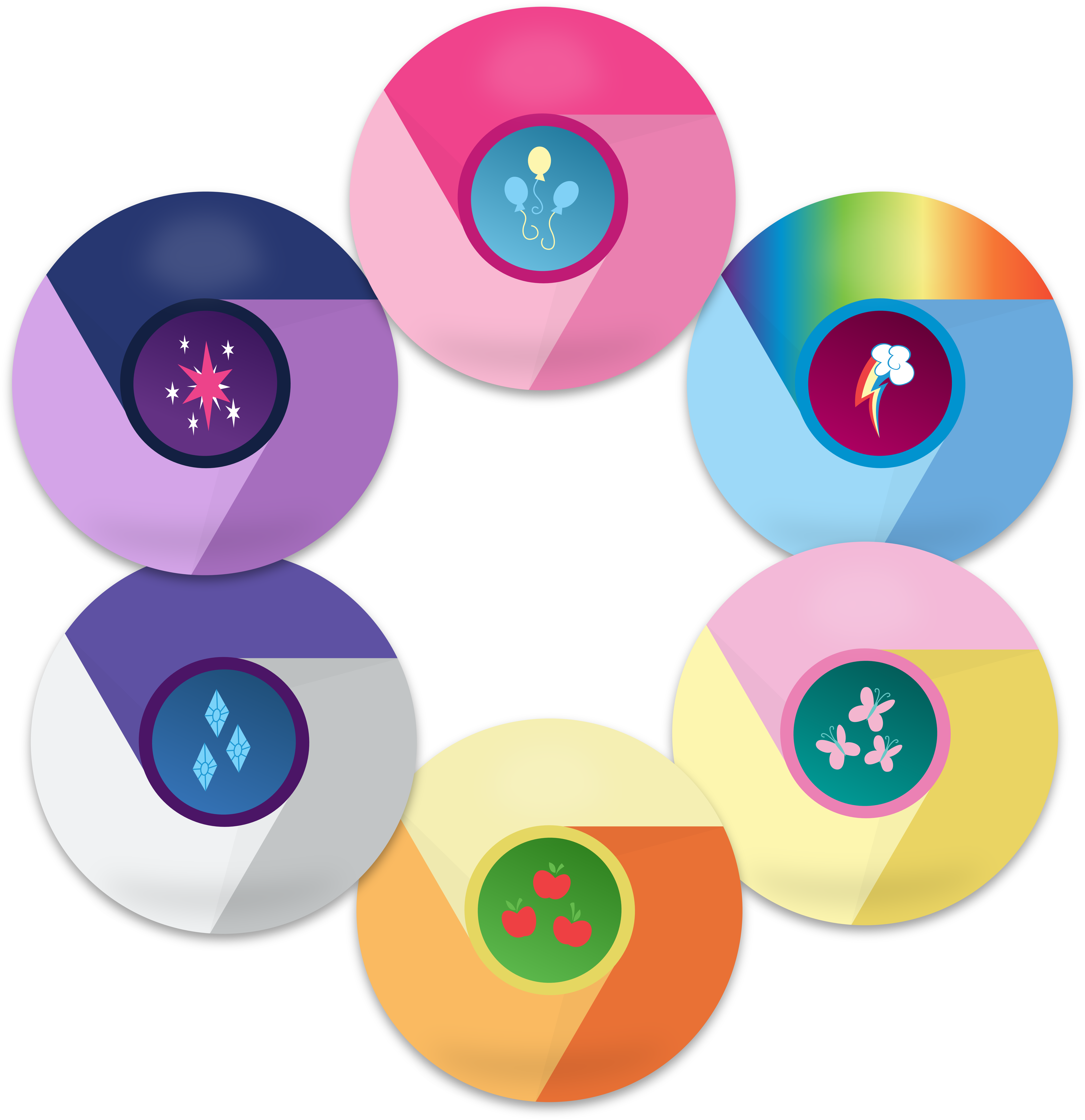 Chrome 桌布 壁紙 — 六個色彩繽紛的Chrome瀏覽器圖示排列成圓形，每個圖示都有獨特的卡通主題標誌。