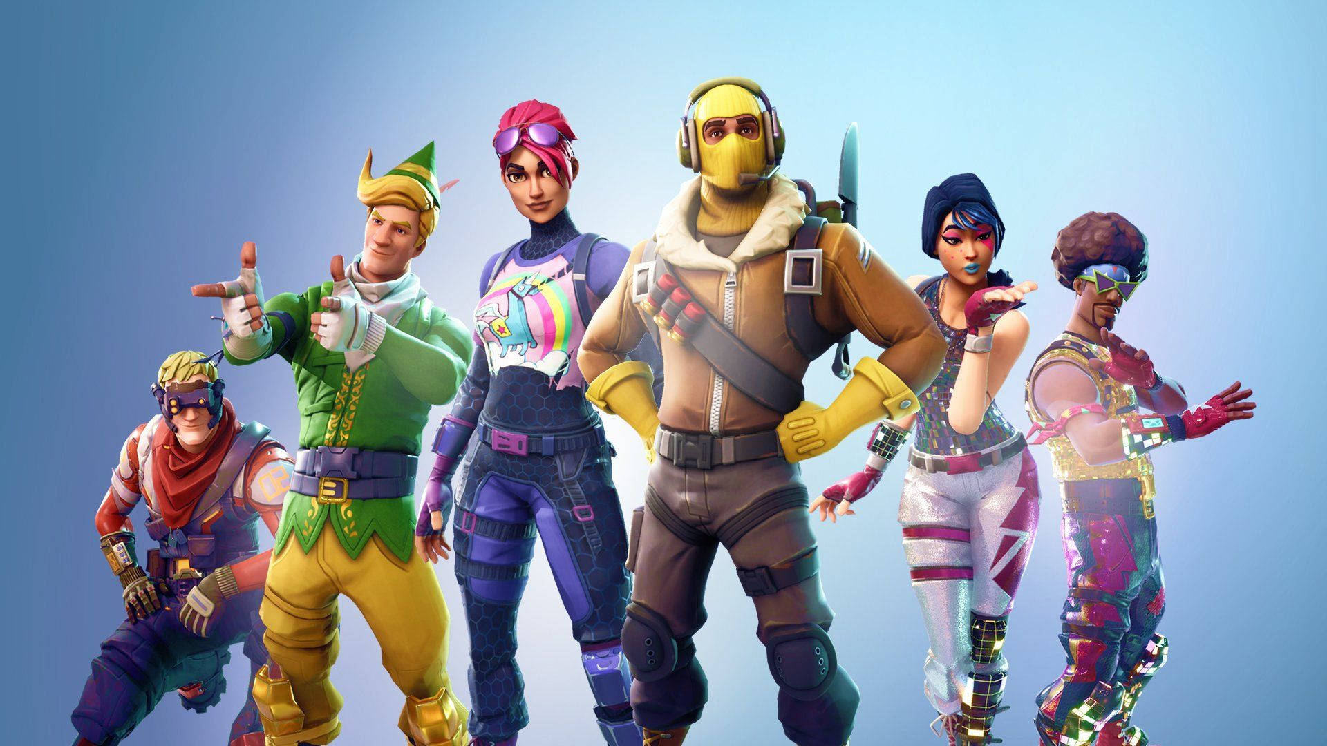 Fortnite 桌布 壁紙 — 六個色彩繽紛的Fortnite角色穿著鮮豔服裝，在柔和的藍色漸變背景前自信地擺姿勢。