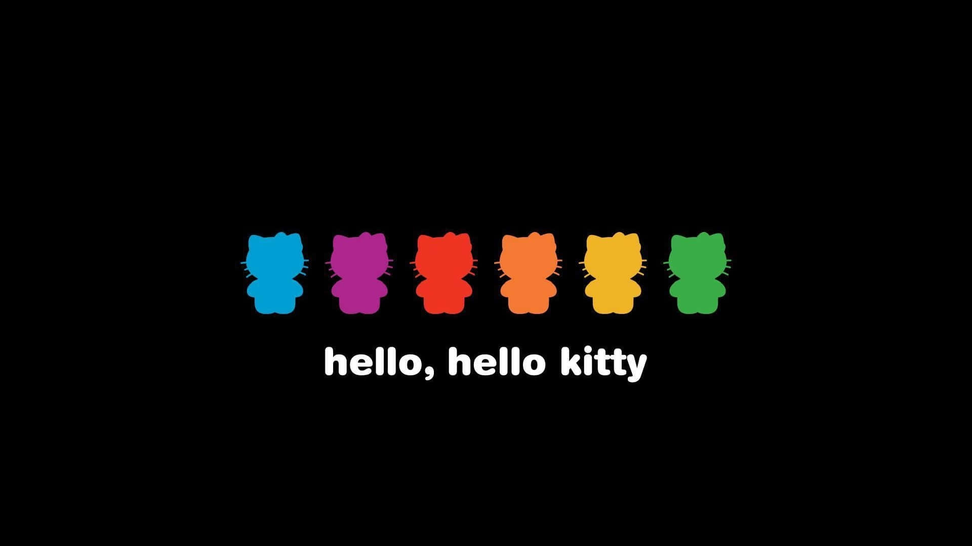 Alt 桌布 壁紙 — 六個色彩繽紛的Hello Kitty剪影以彩虹順序排列，背景為黑色，下方有白色文字。