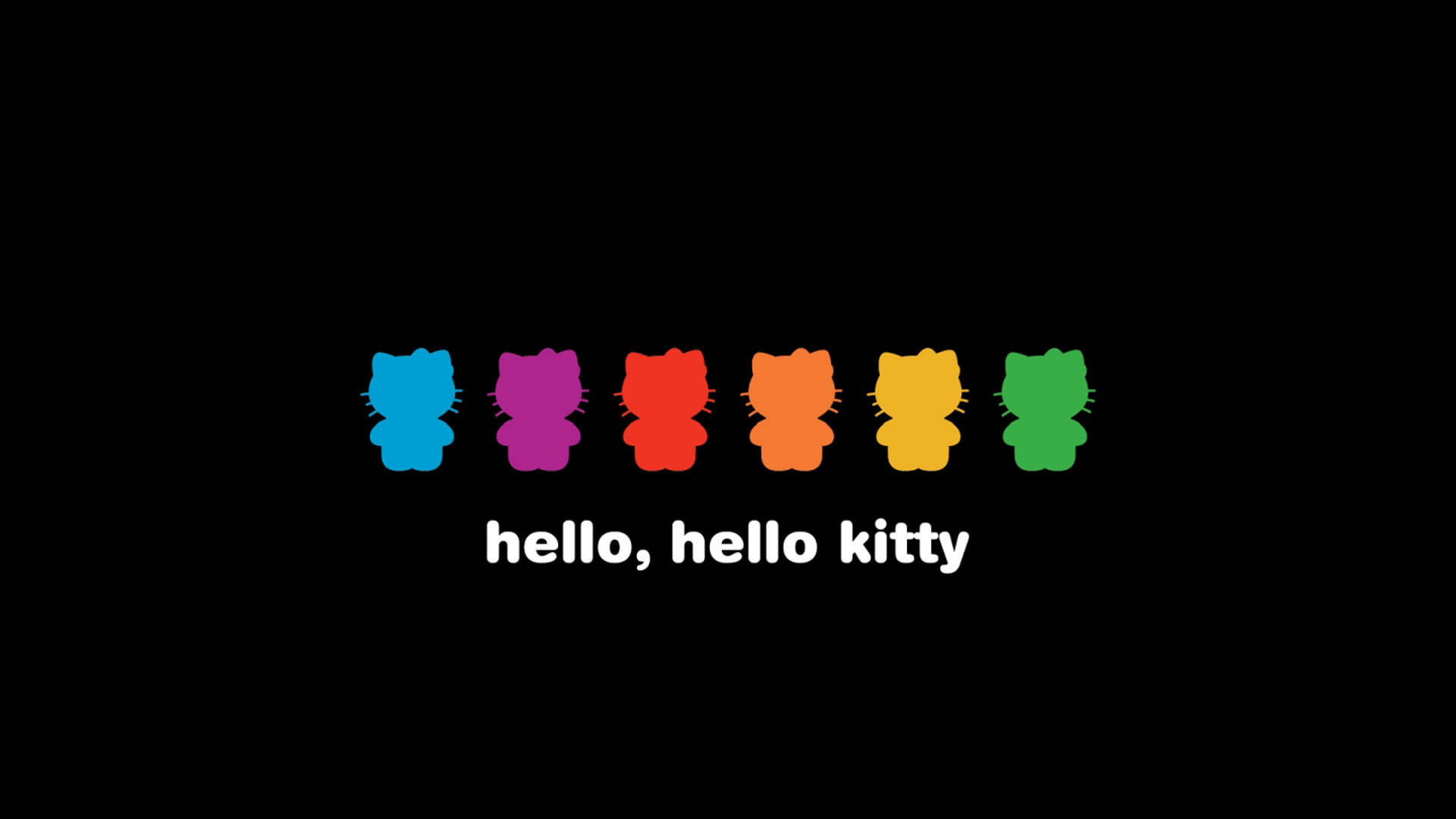 Kitty 桌布 壁紙 — 六個色彩繽紛的Hello Kitty剪影以彩虹順序排列，黑色背景，下方有白色文字。